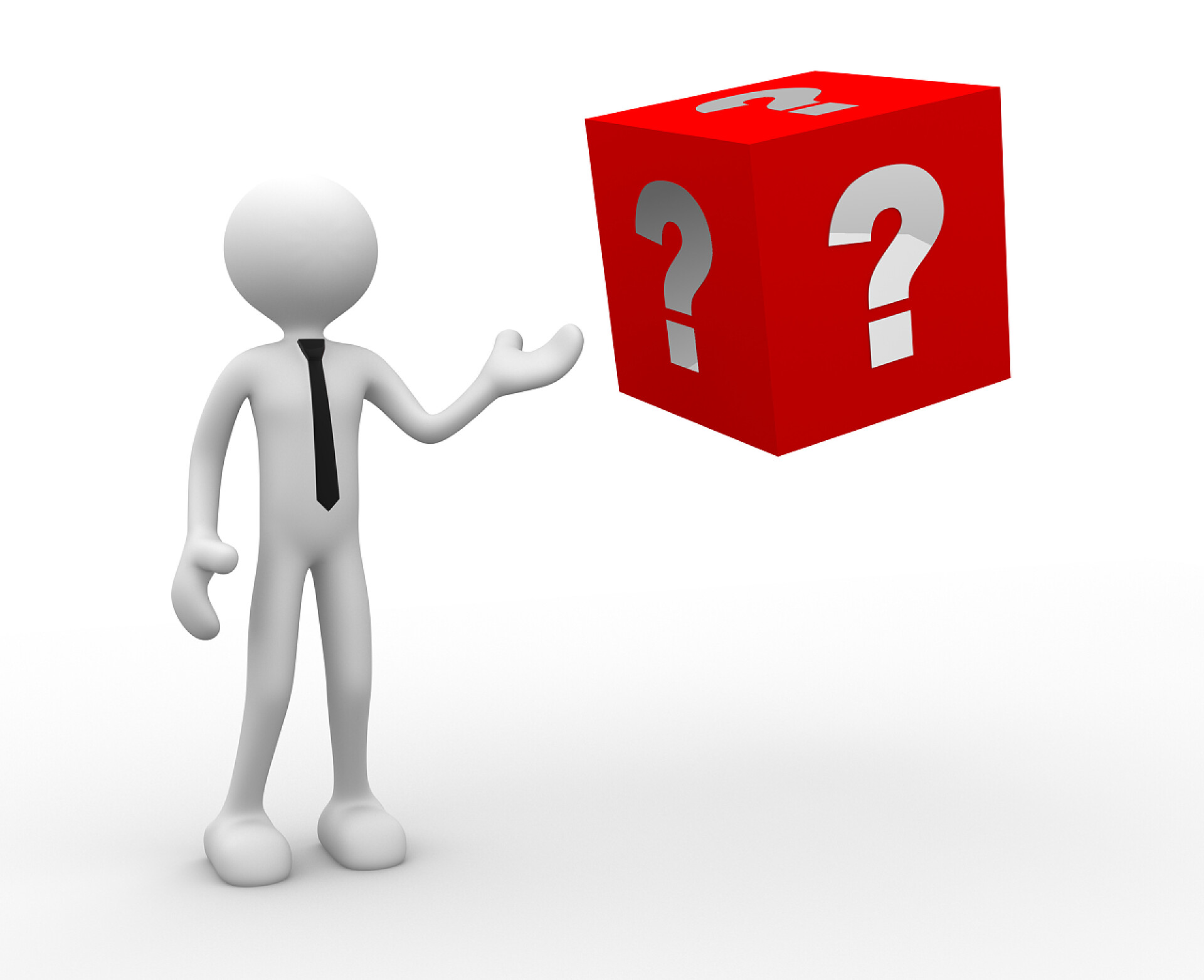 白色背景上的3D小人红色大问号人和问号的多维数据集