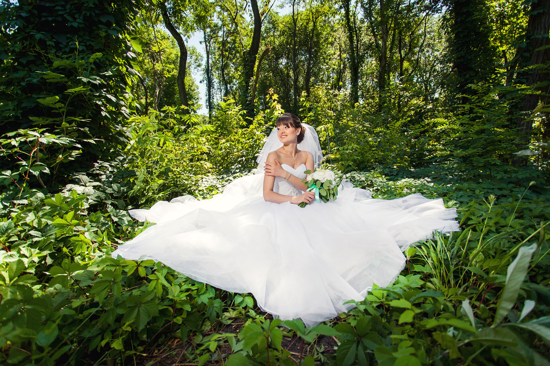 夏季森林的婚礼上的新娘在森林里的新娘