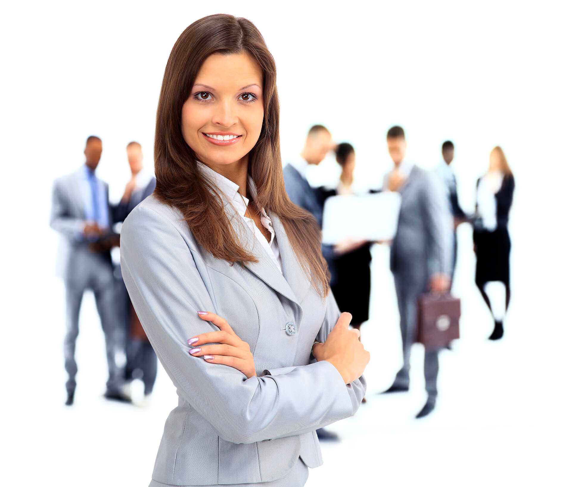 白色背景下一个微笑的业务员在前台微笑业务少妇