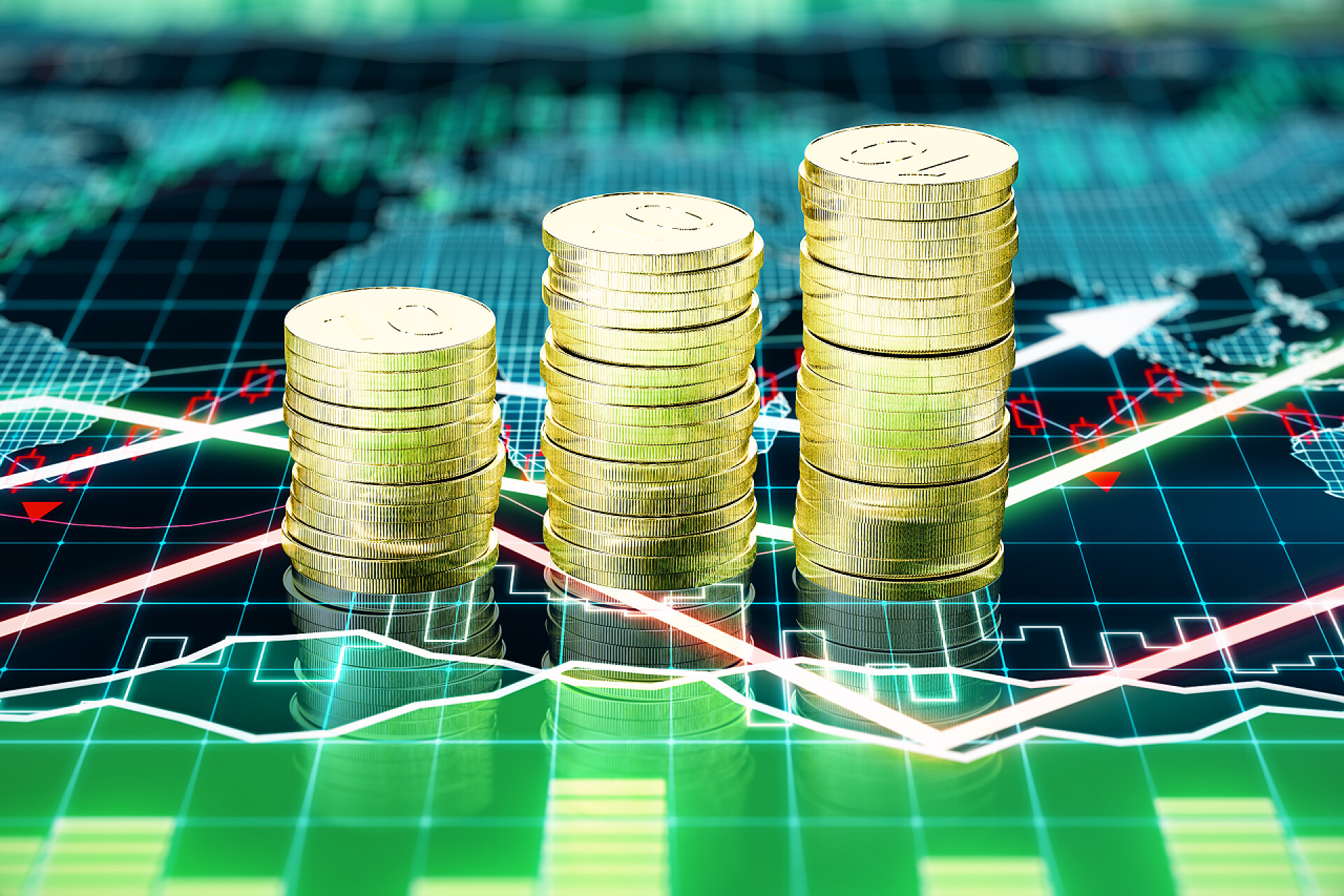 电子屏幕图标上成堆的金币成堆的金币在业务图表屏幕上