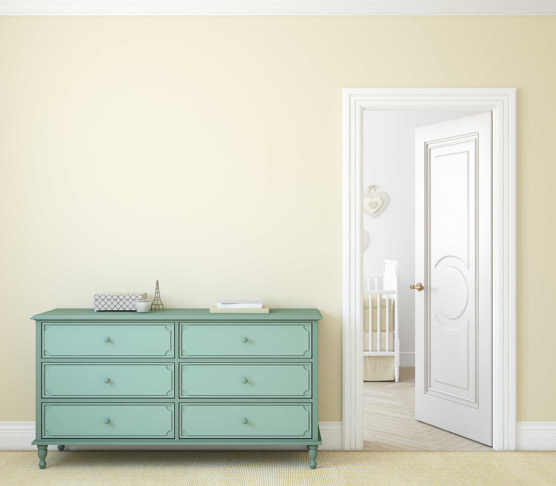 敞开的门旁边放着绿色的柜子Hallway.3d 呈现.