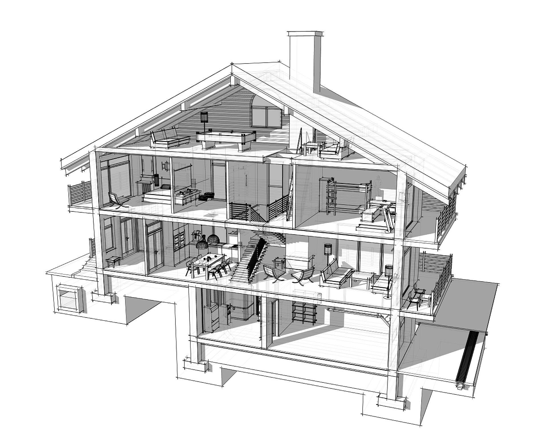 白色背景上被切开的房屋乡间别墅的3D部分。在白色背景上隔离