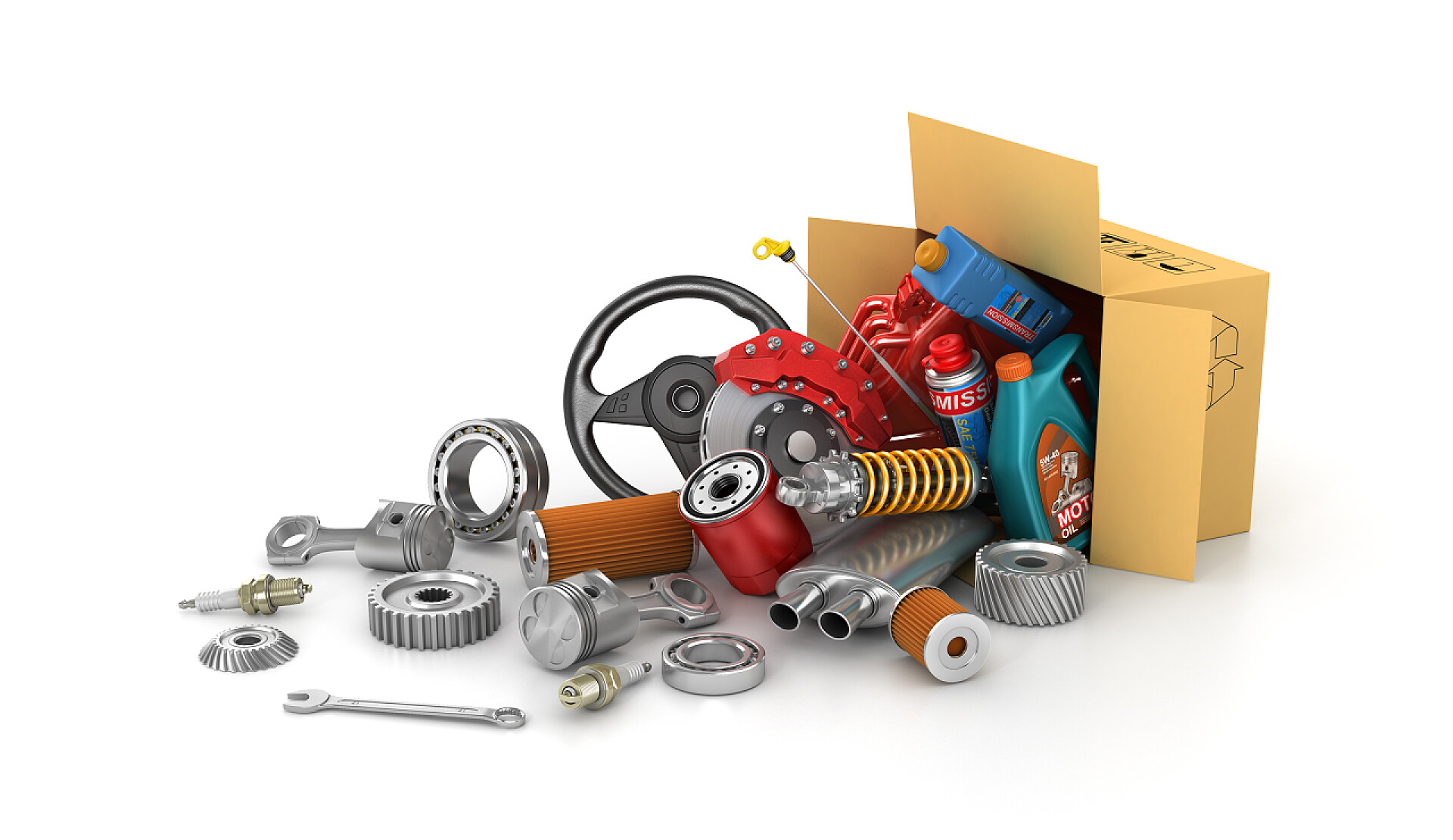 汽车配件商店在用纸板箱的汽车零部件。汽车篮店。自动 