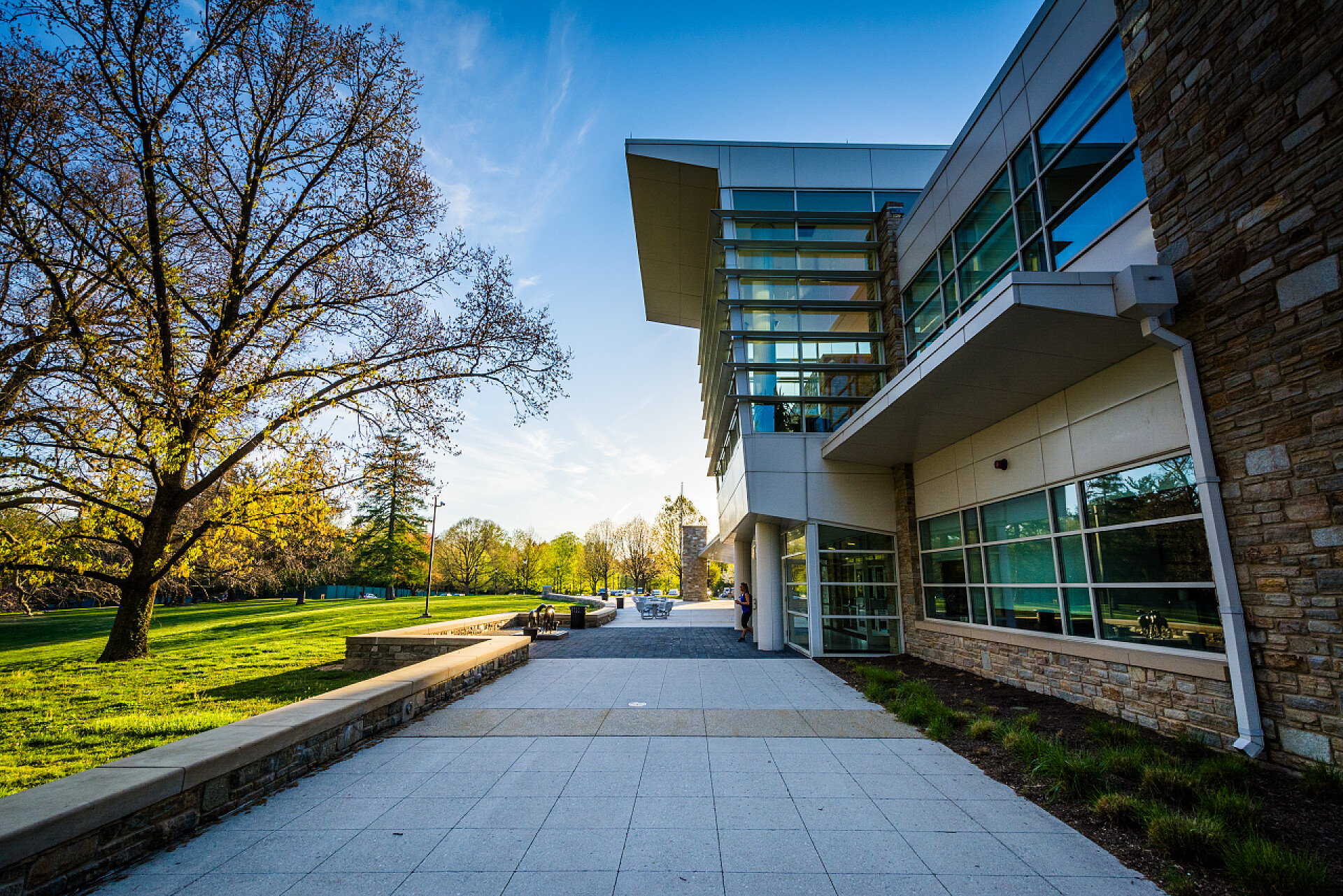 现代建筑大学景观走道和现代建筑在马里兰洛约拉大学，在 B