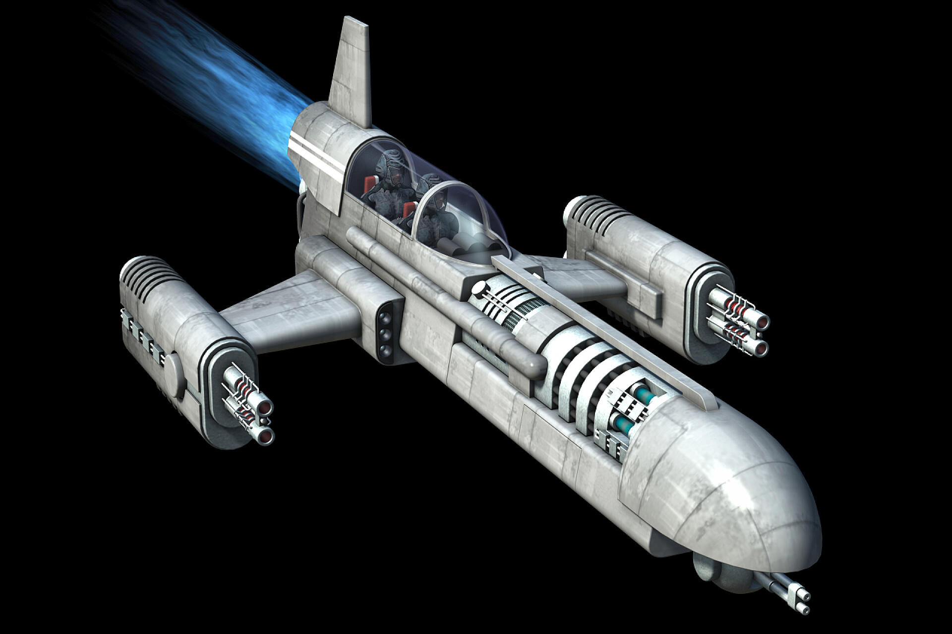 黑色背景上的飞船上3D渲染在黑色背景上隔离的宇宙飞船