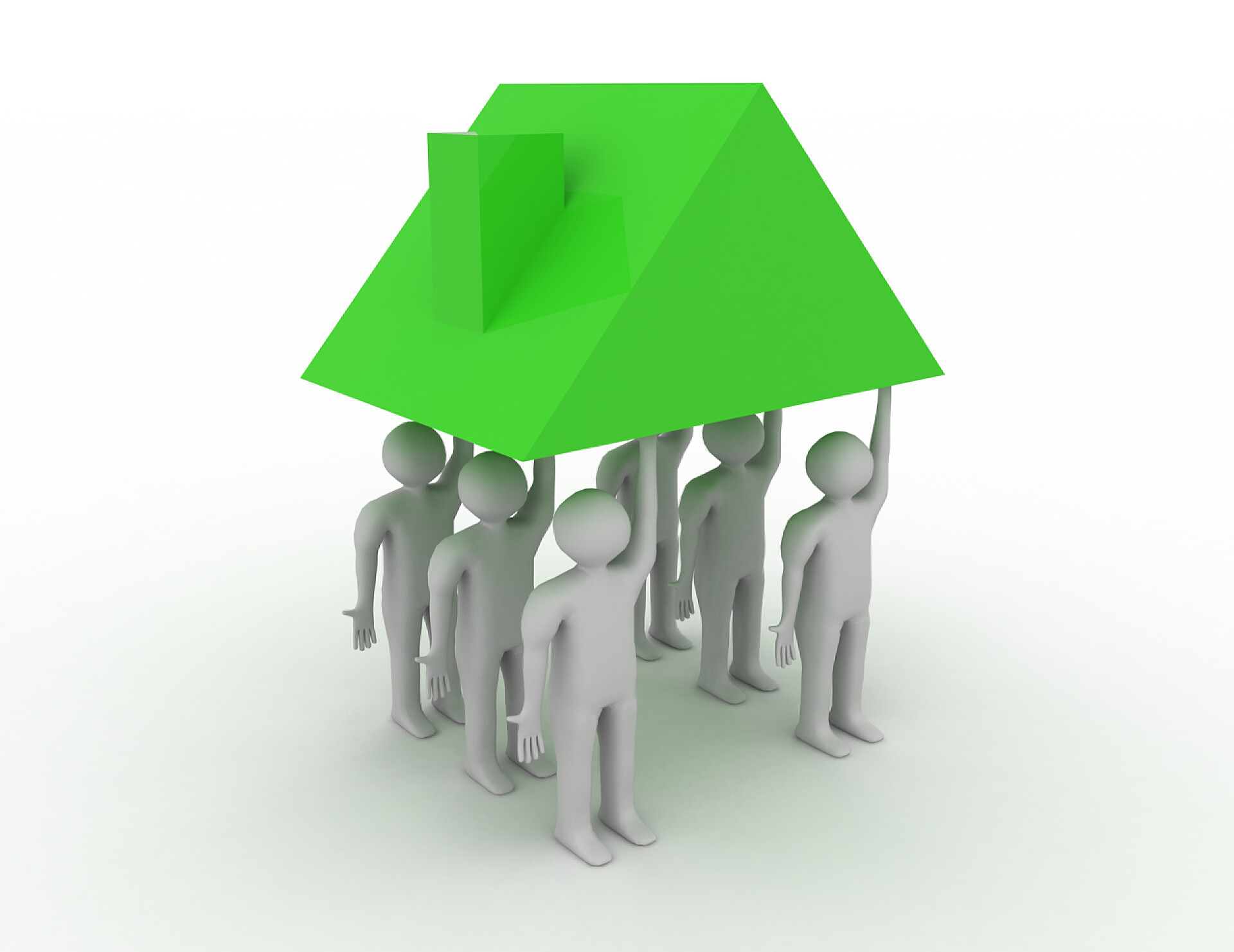 白色背景上的3D人物渲染举着绿色的屋顶白色背景上的 3d 强大的团队 concpept。