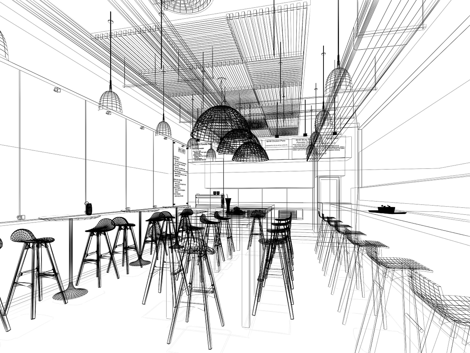 设计餐厅内部的素描画设计素描的内部餐厅，3d 线框渲染 
