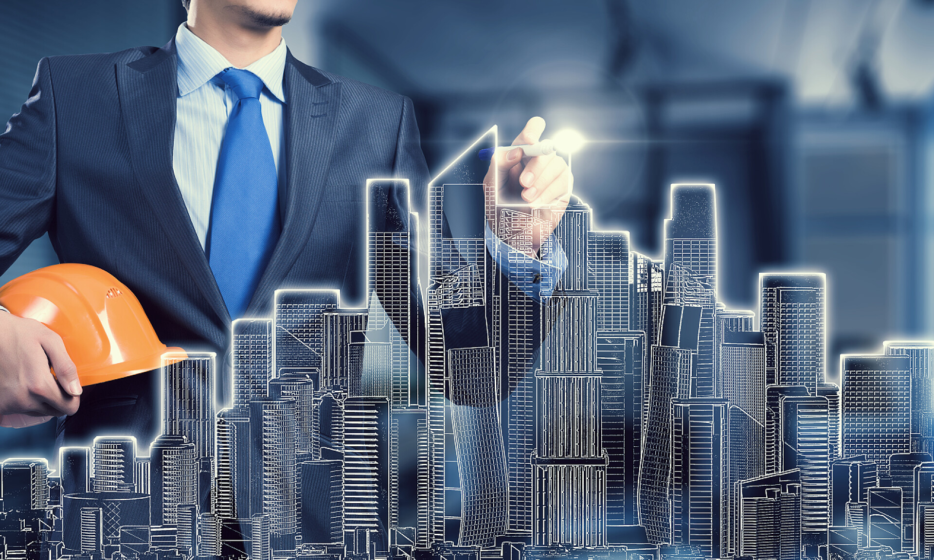 一名虚拟建设规划工作师看建筑图商务配图男人在工作的工程师。混合媒体