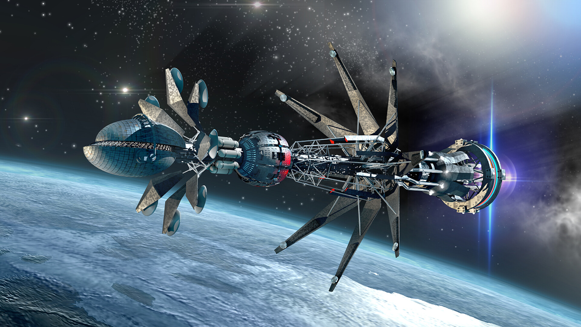 外太空里的未来军事航天器宇宙飞船载着翘 