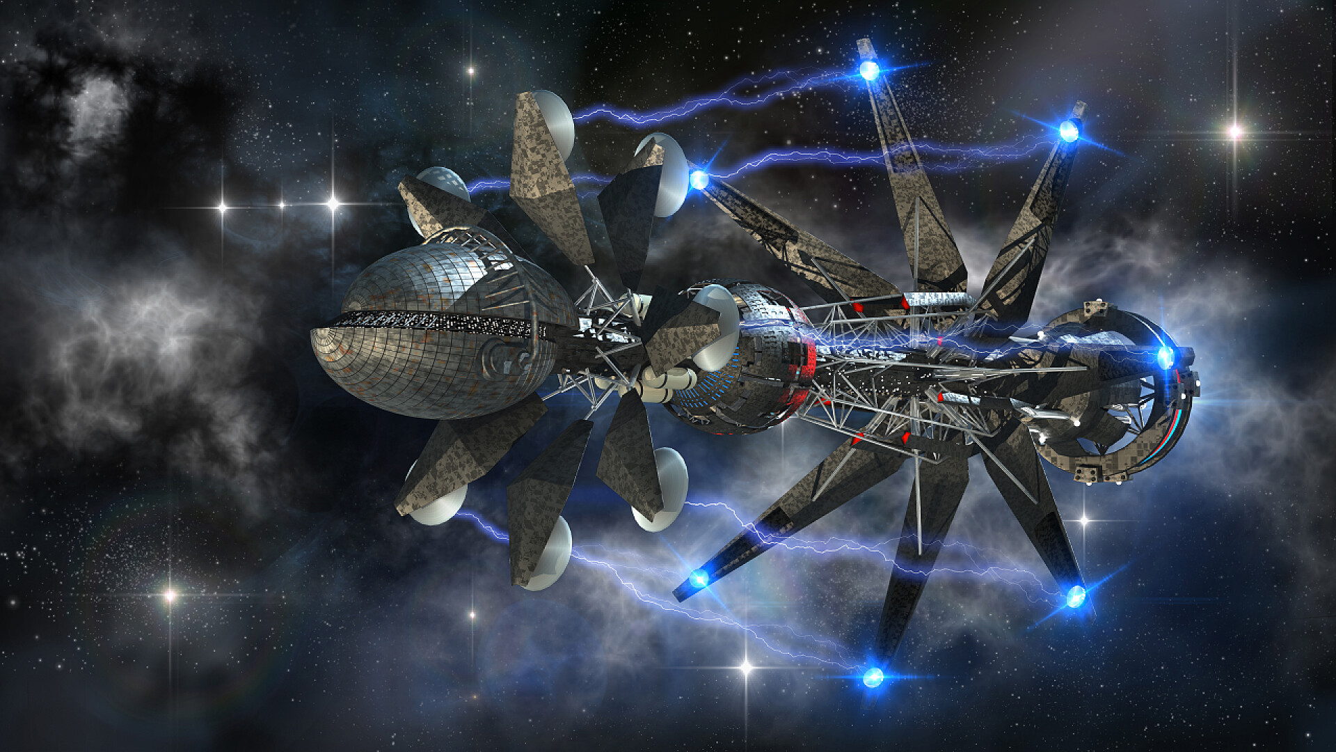 外太空里的未来军事航天器带有变形驱动器的宇宙飞船 