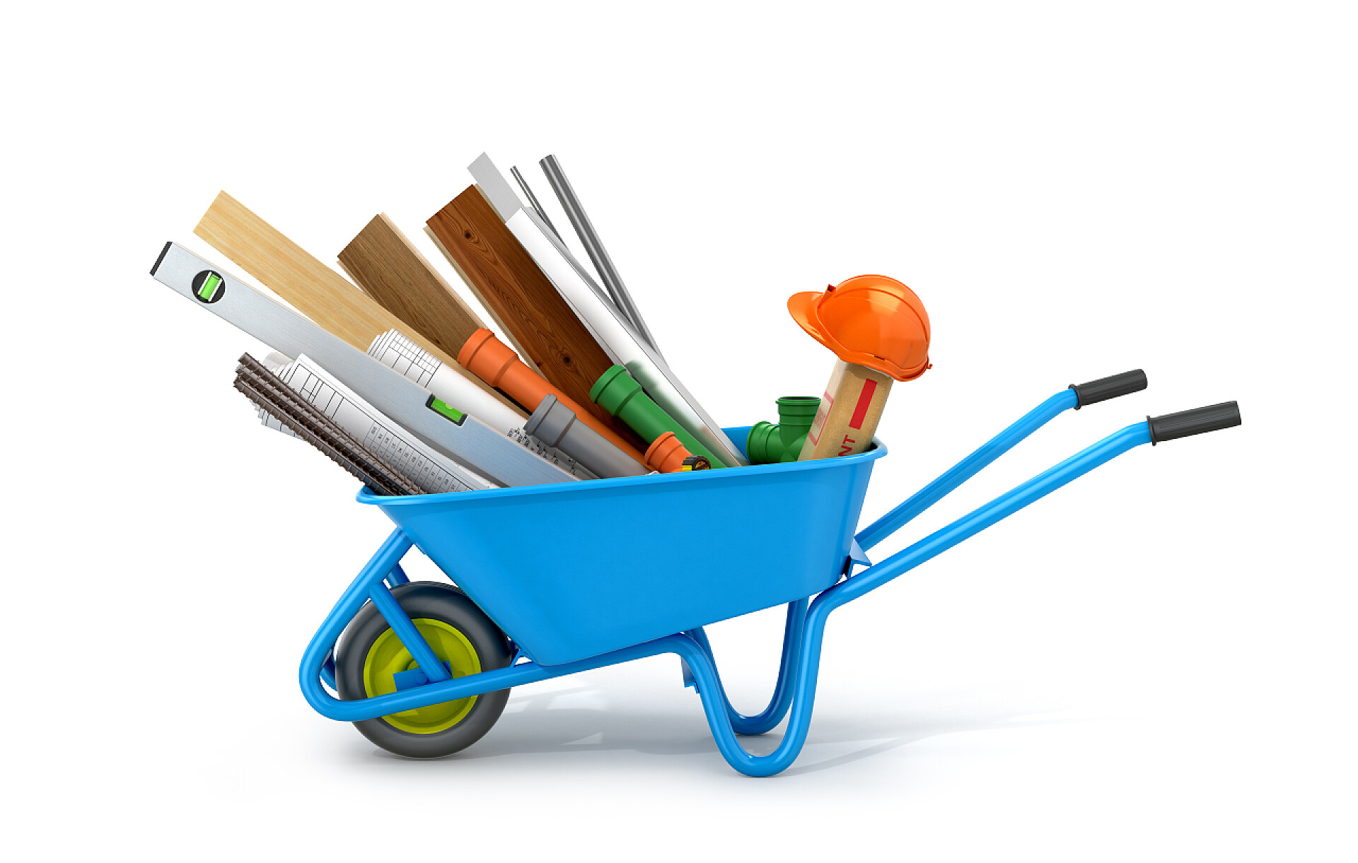 迷你推车里的建筑材料建筑材料、 图纸和工具集隔离白色背