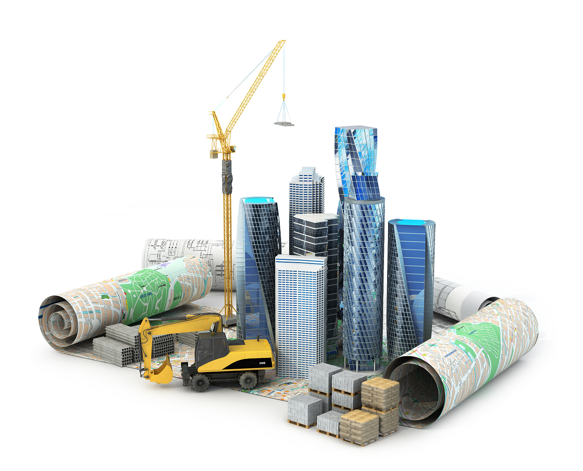 迷你摩天大楼建筑模型和相关的图纸摩天大楼，建筑材料、 高层水龙头和 escalat