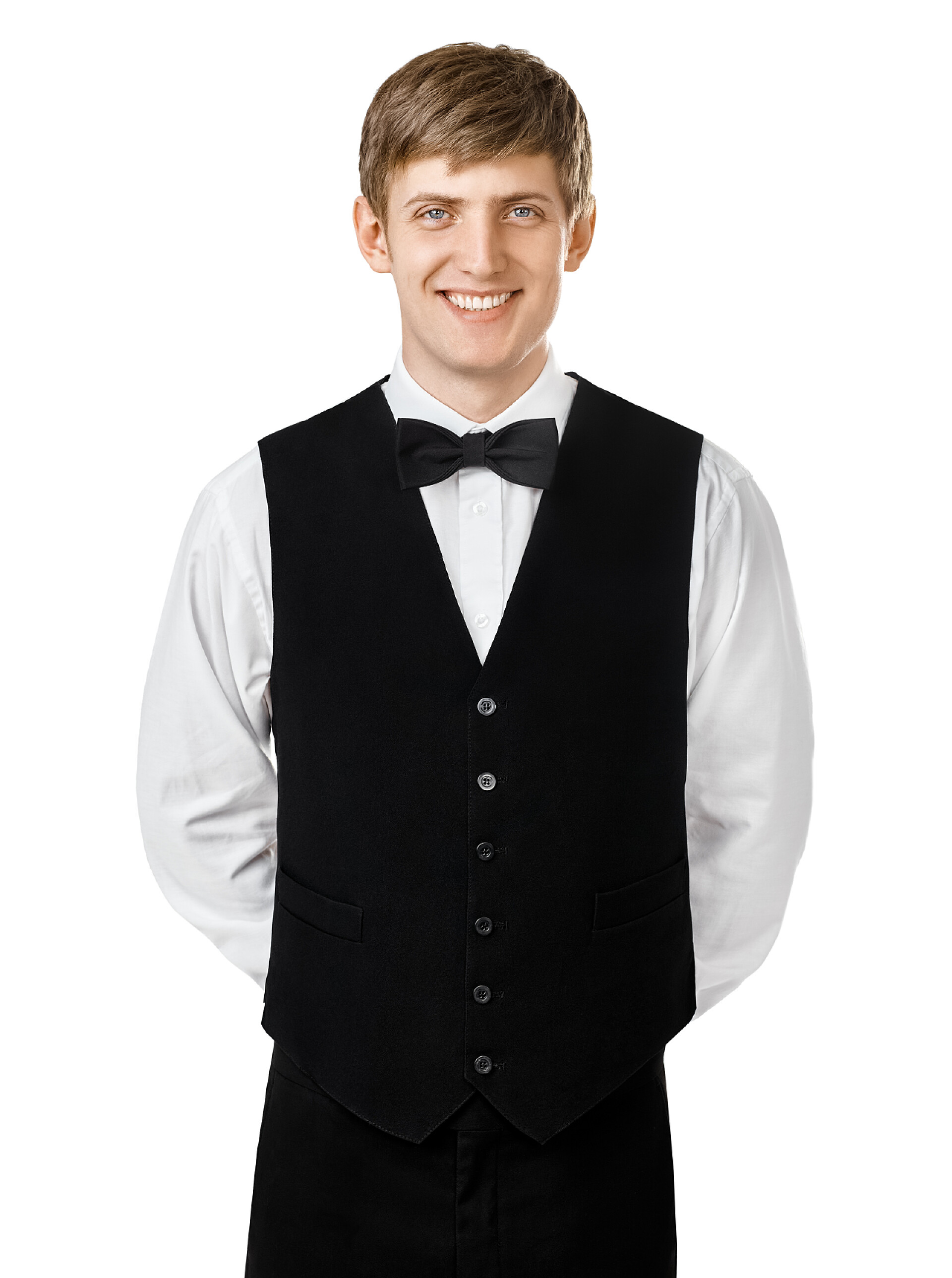 白色背景上双手靠背的男服务员双手双手背后站着的服务员