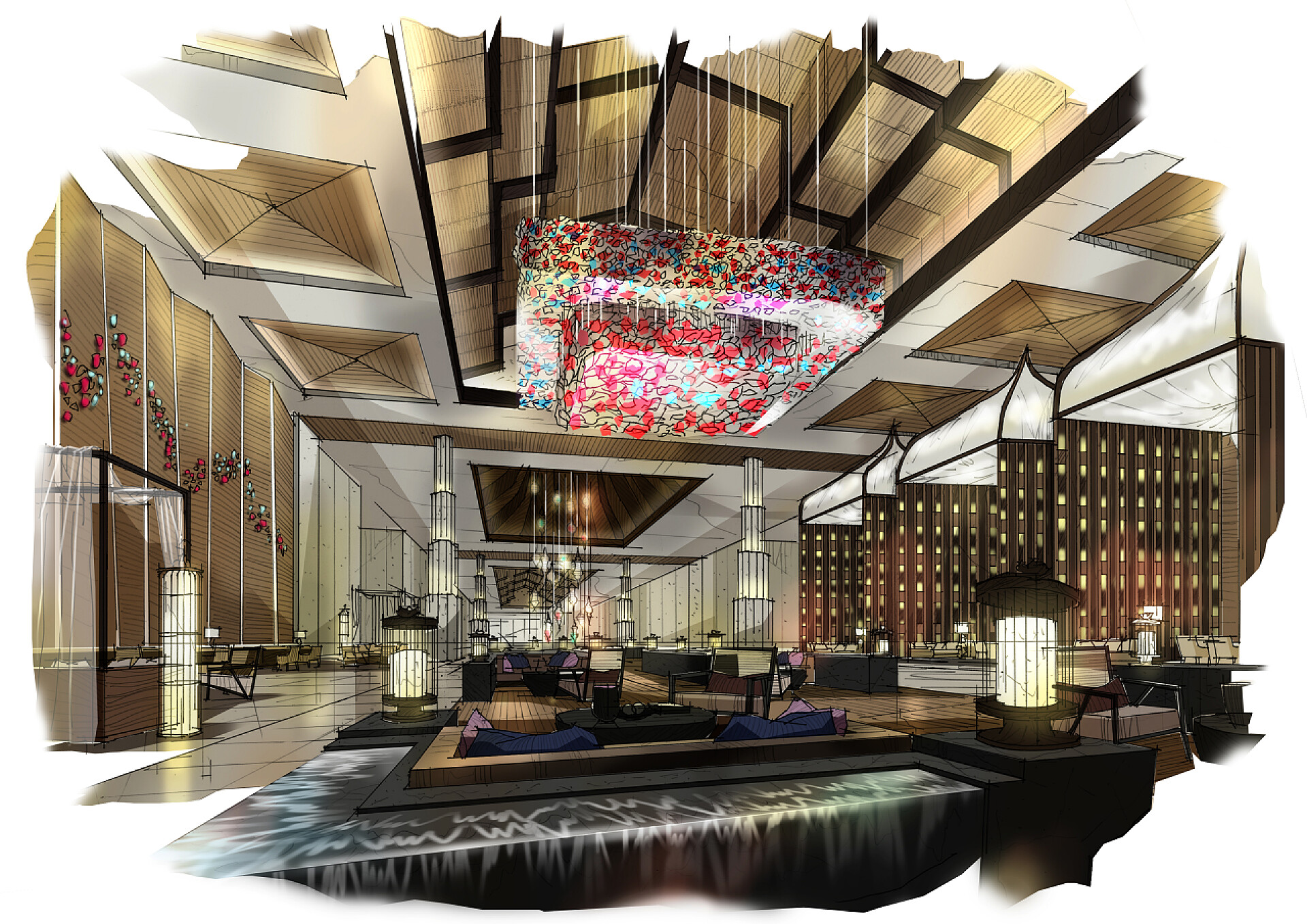 酒店内部设计图草绘内部透视。画水彩