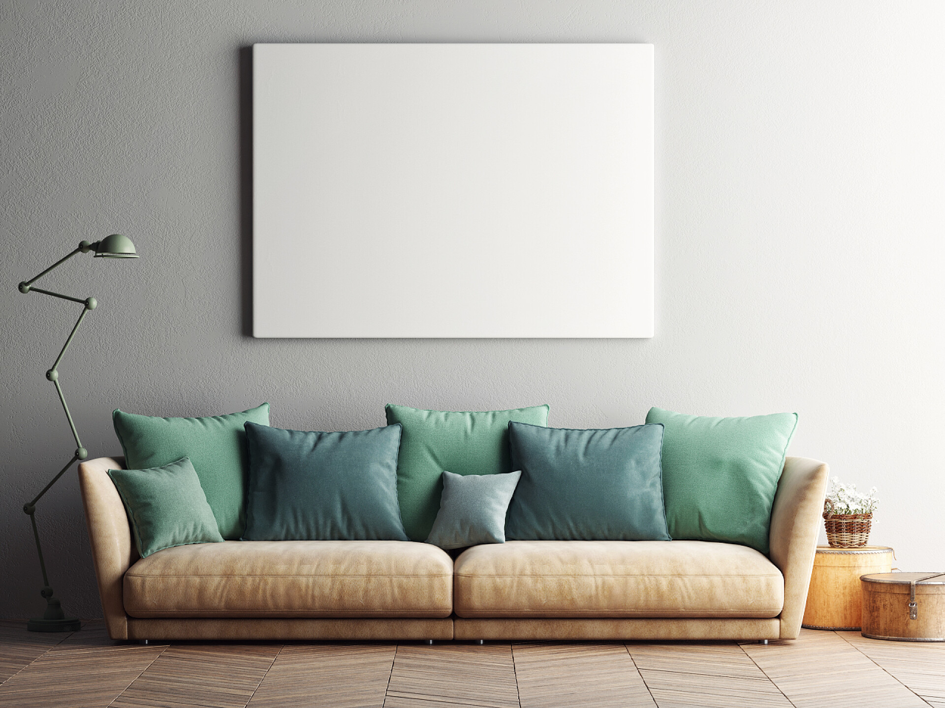 客厅沙发家具模拟与复古时髦阁楼室内背景，3d 渲染的海报