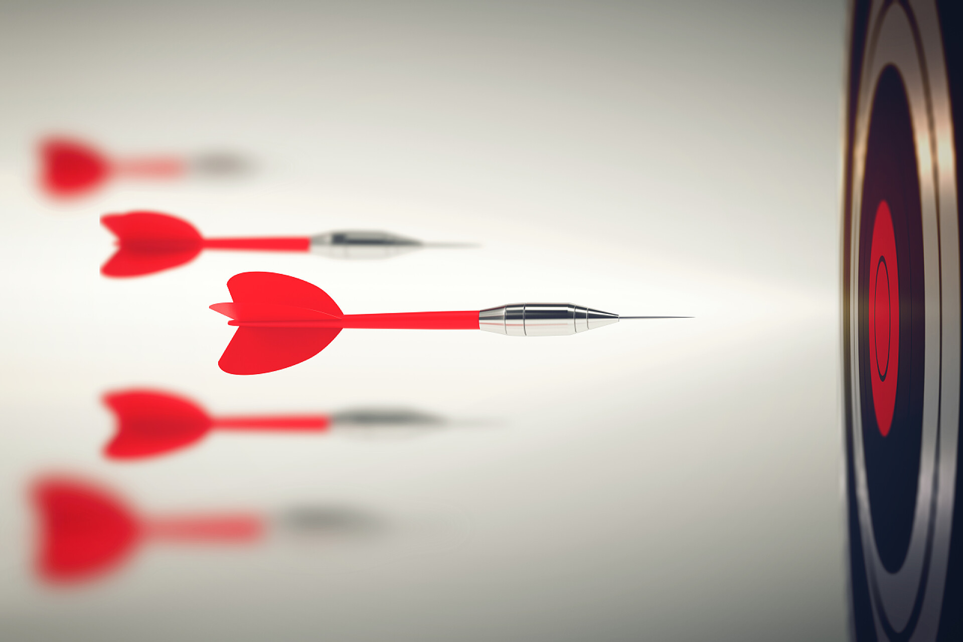 3D渲染红色飞镖奔向靶子飞镖的速度奔向目标发起