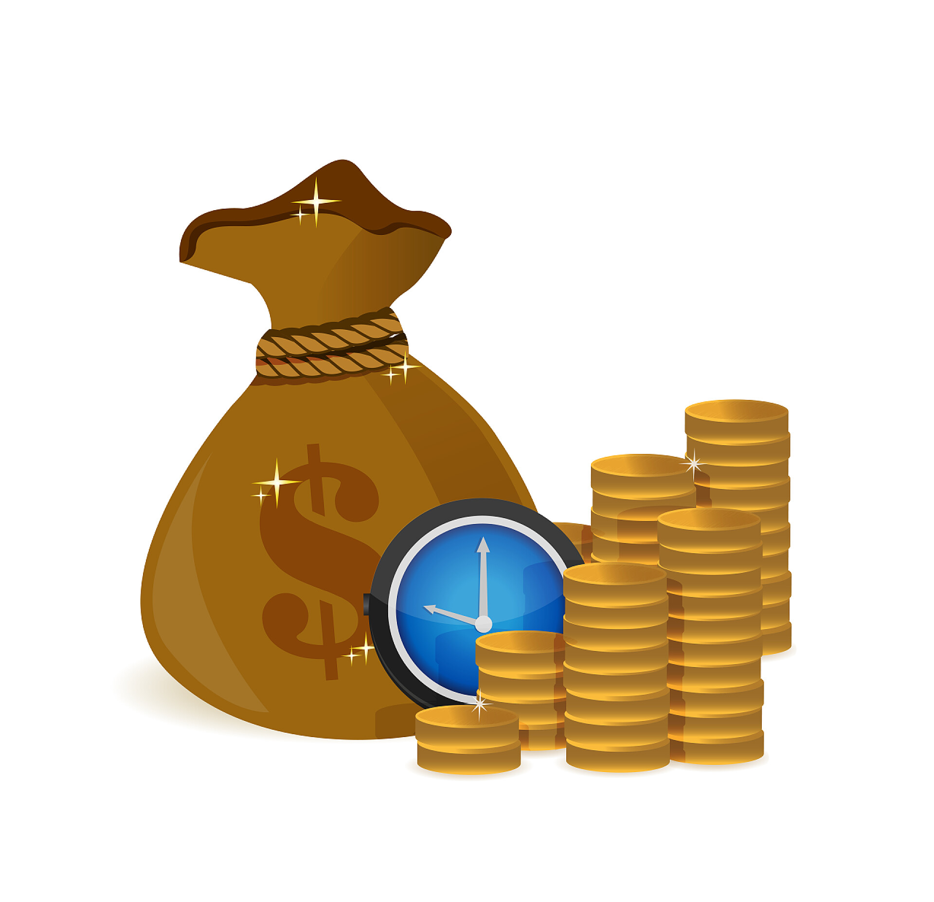 白色背景上的时间和钱袋时间和复利的概念图