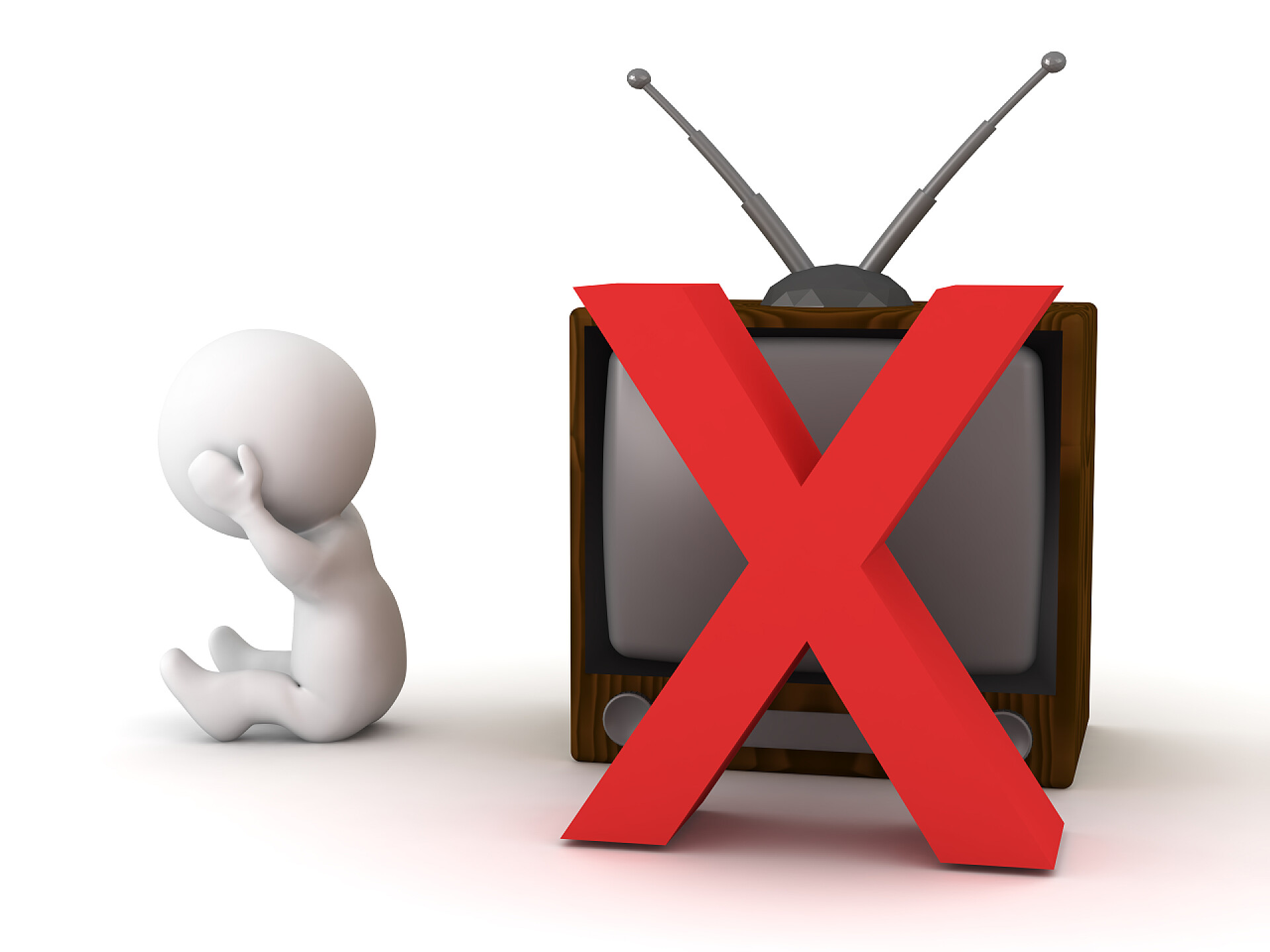 在白色背景上带有红叉的复古电视机和白色3D人物烦恼的 3d 角色没有复古的电视