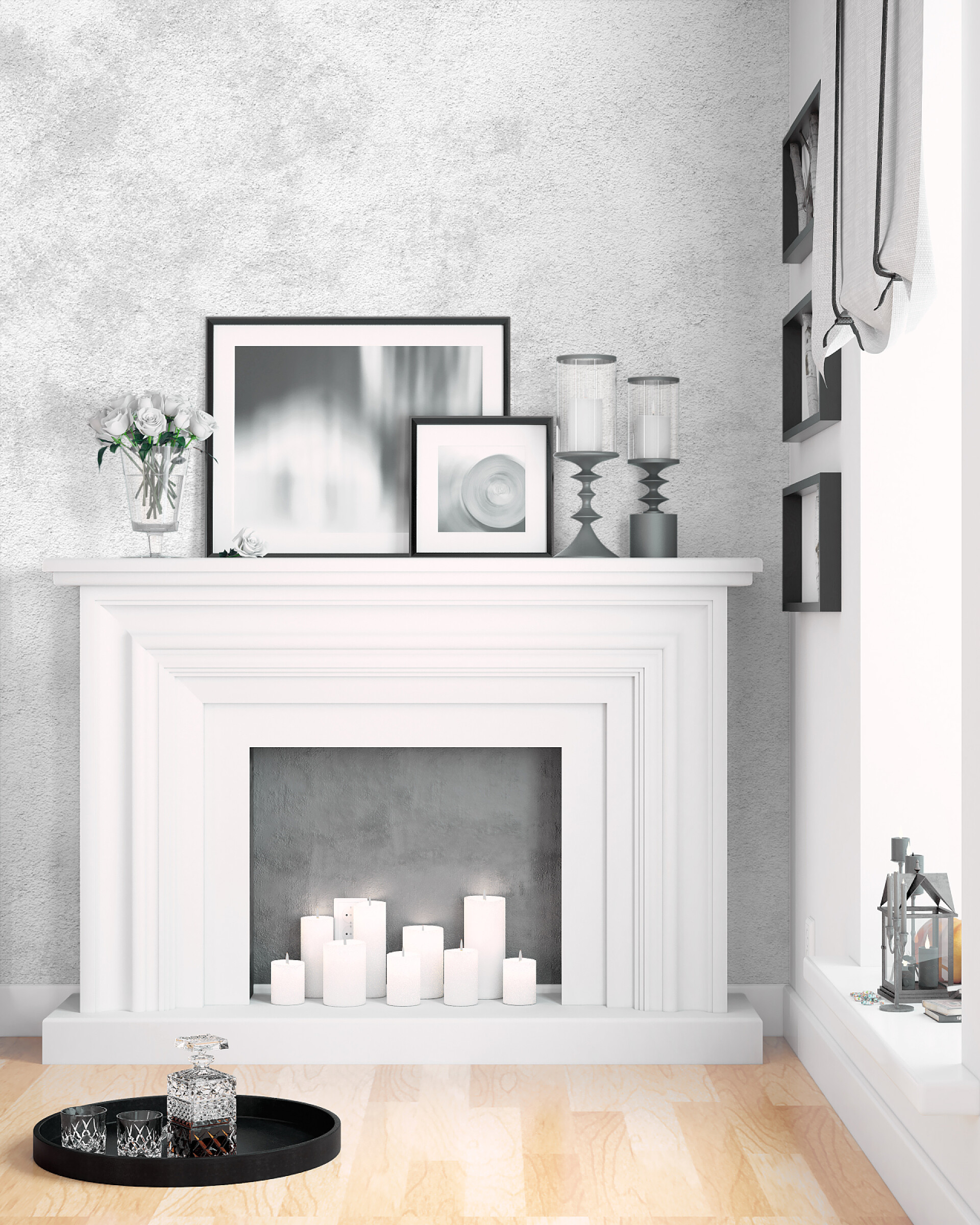 美丽的客厅壁炉现代明亮的室内。3d 渲染