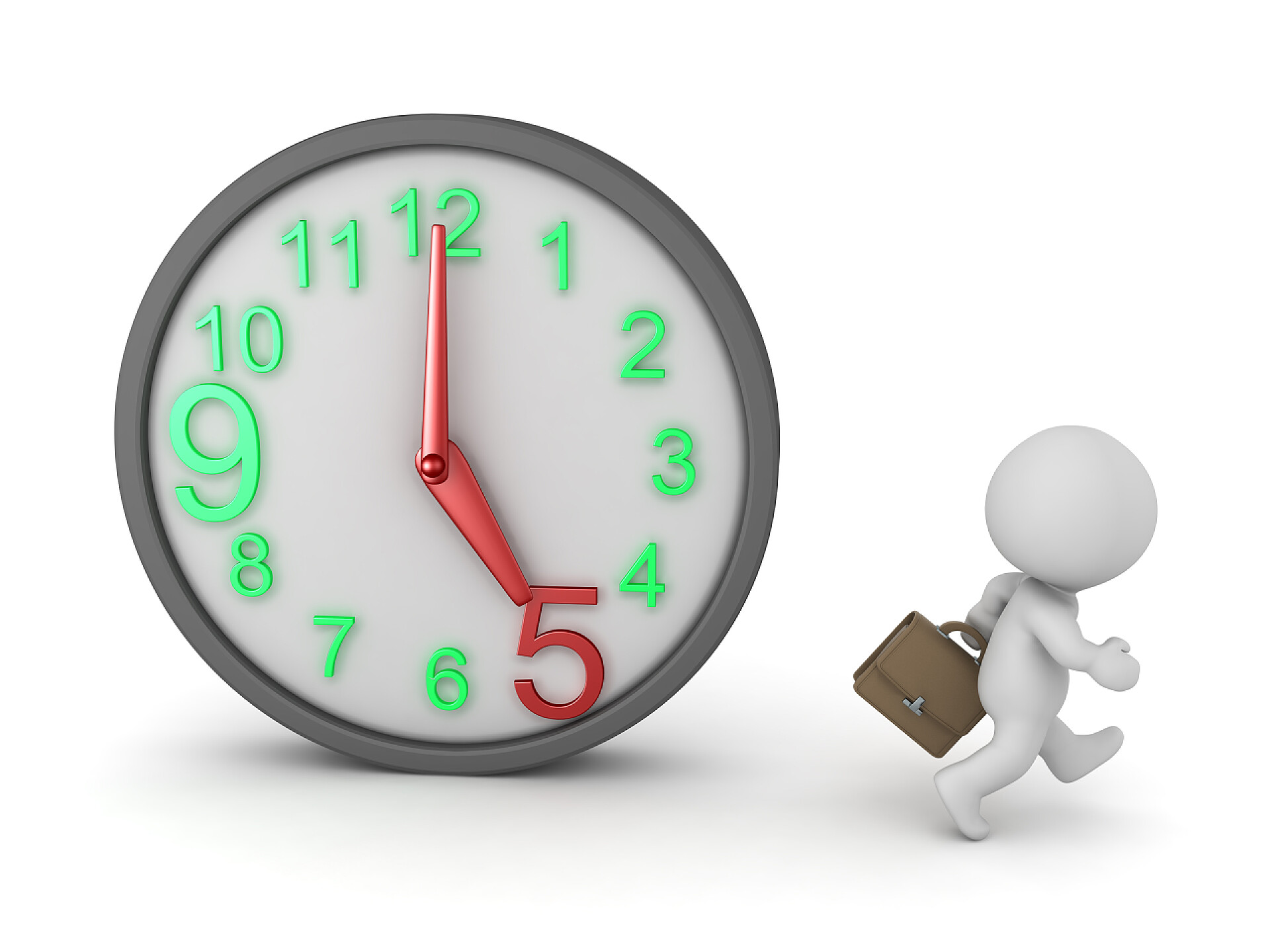白色背景上的时钟和行走的3d商务人士走出时钟的 3d 角色