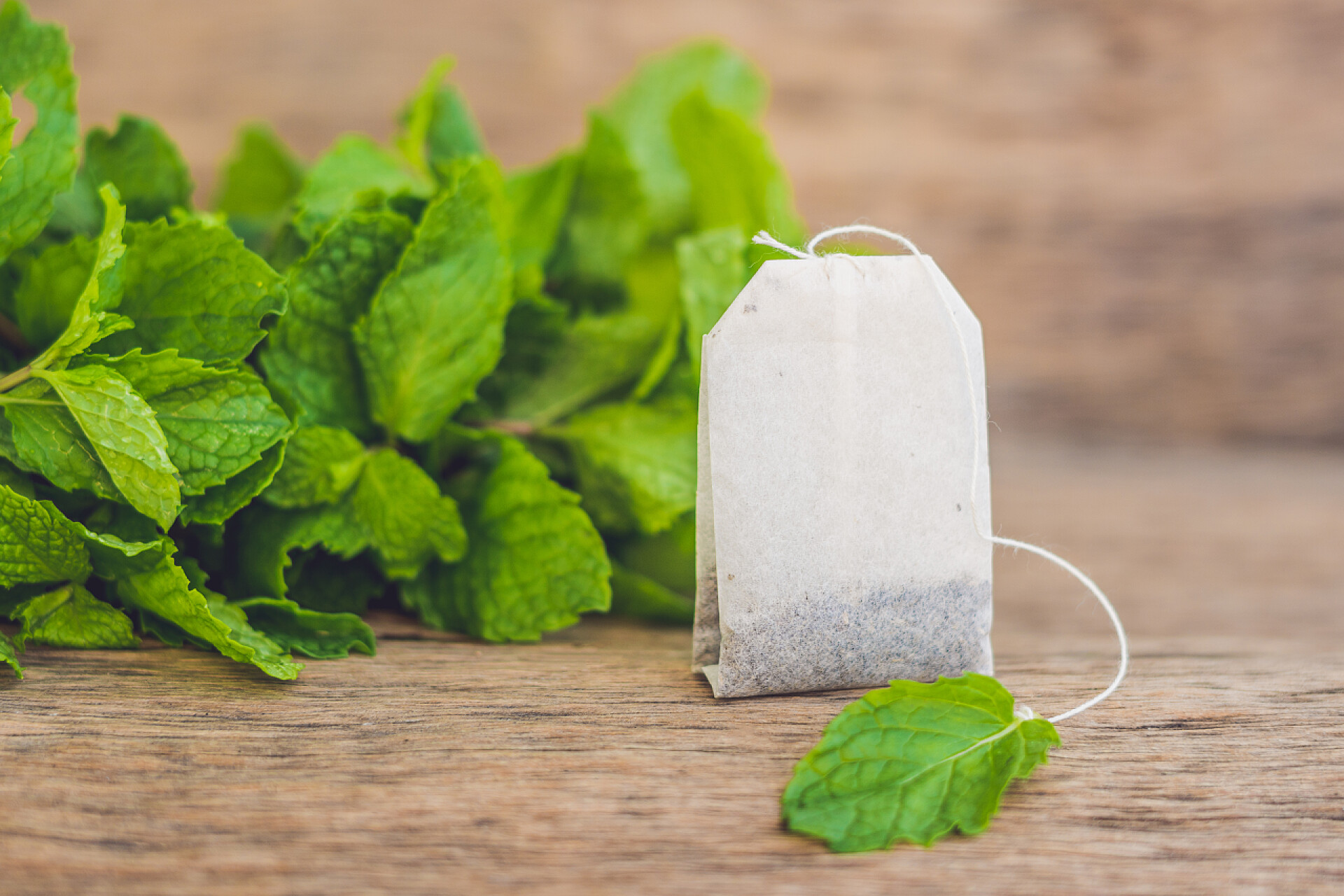 木制背景上的新鲜薄荷叶和茶袋木制背景茶袋