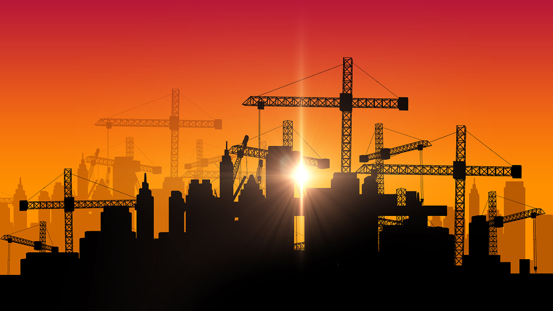 美丽日落下建筑起重机3D图双曝光的图片，虚拟人和建筑起重机 3d