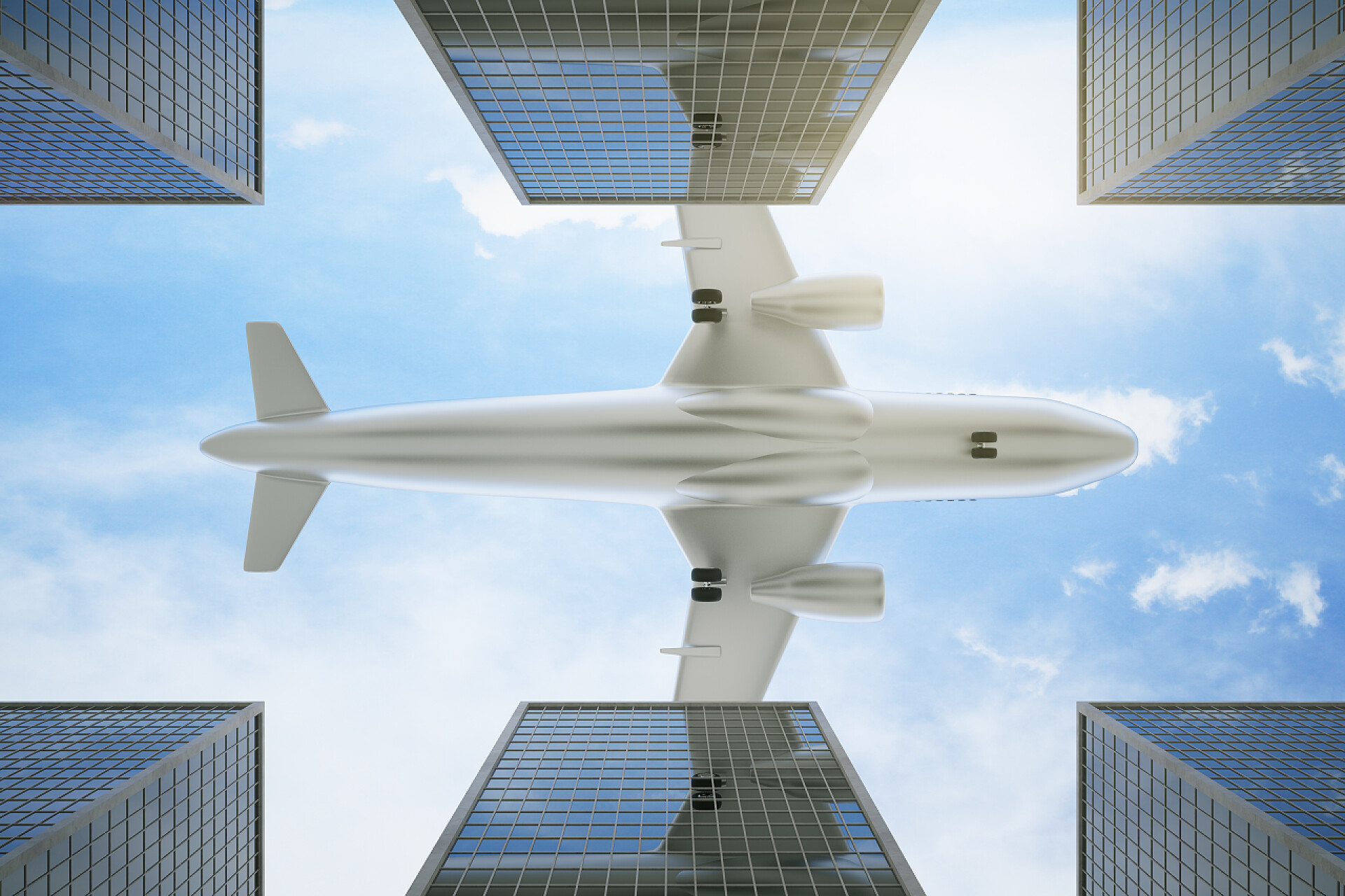 商务大楼上空飞行的客机3D渲染在明亮的天空 aiplane 底部视图