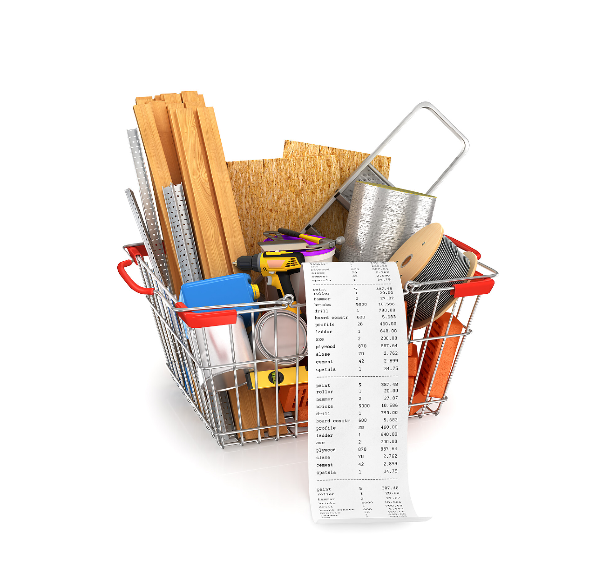 在购物车上的施工工具在购物车上白色孤立的施工工具。3d，点检