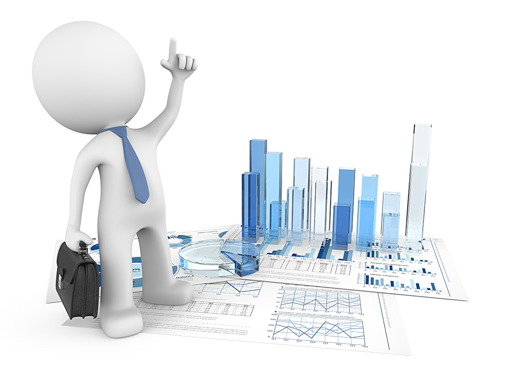 白色背景下3D男人站在财务文档内提着公文包商业上的成功.