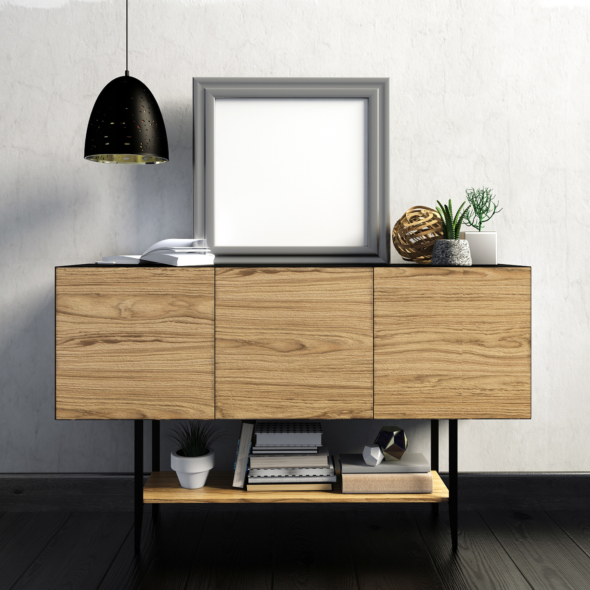 3d现代室内书柜和灯饰3d 图，现代室内与书柜、 海报和灯.