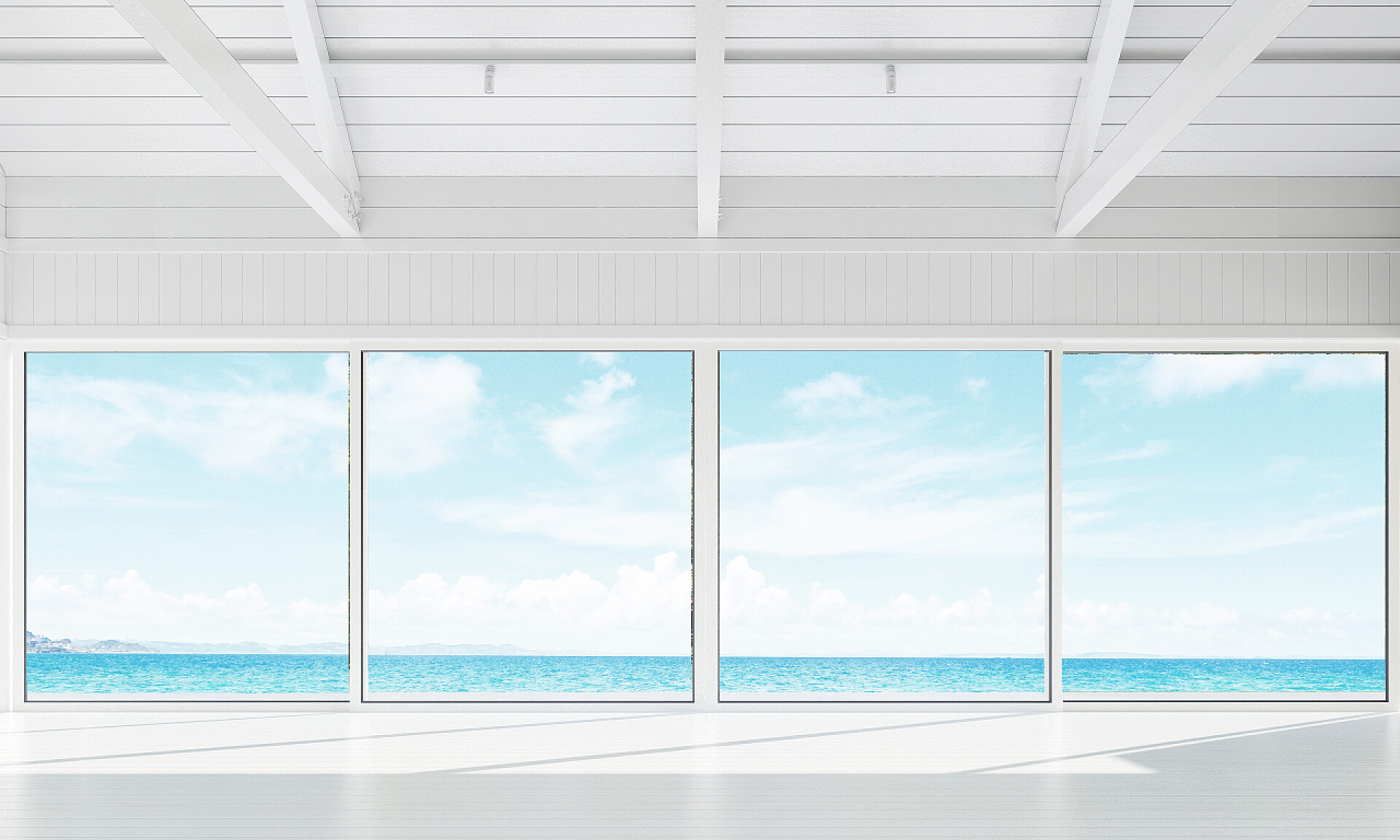 3d渲染海边客厅室内设计图空的休息室和客厅和海景房的室内设计 