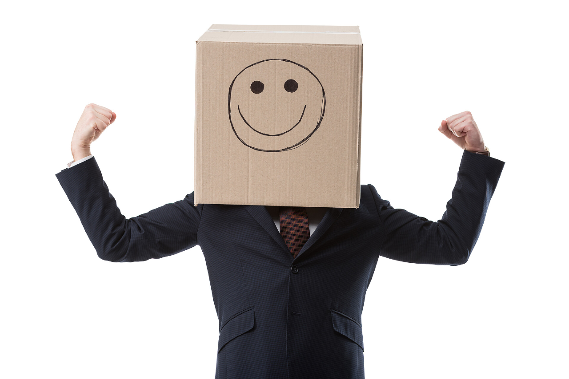 白色背景下微笑标志箱子在戴头部的成功人士成功的生意人与箱子与微笑标志 