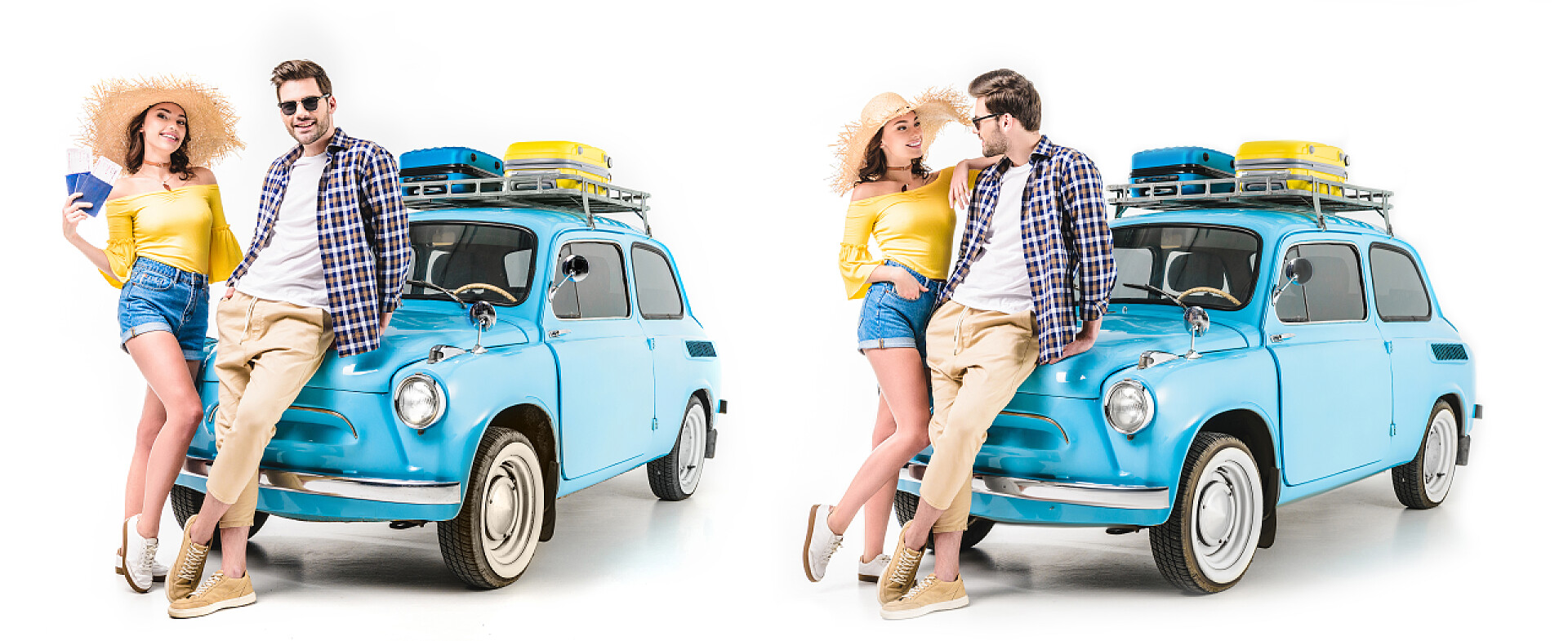 白色背景下年轻的夫妻手持门票倚靠在汽车旁旅行