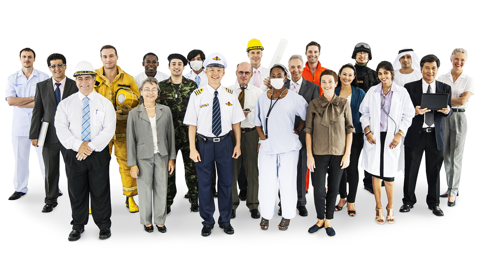 多元化职业中的多民族群体合照多族裔人在多种职业 