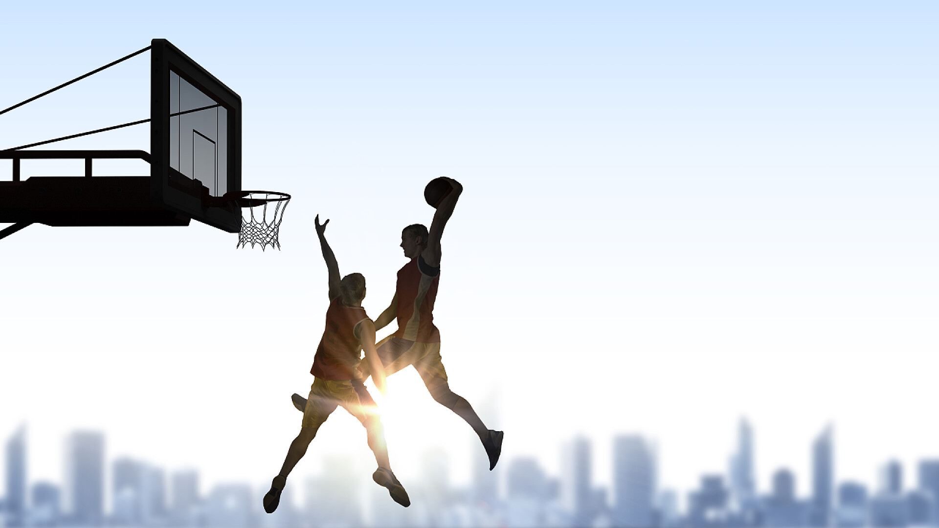 篮球运动员在城市景观背景下的剪影现在是游戏时间。混合媒体