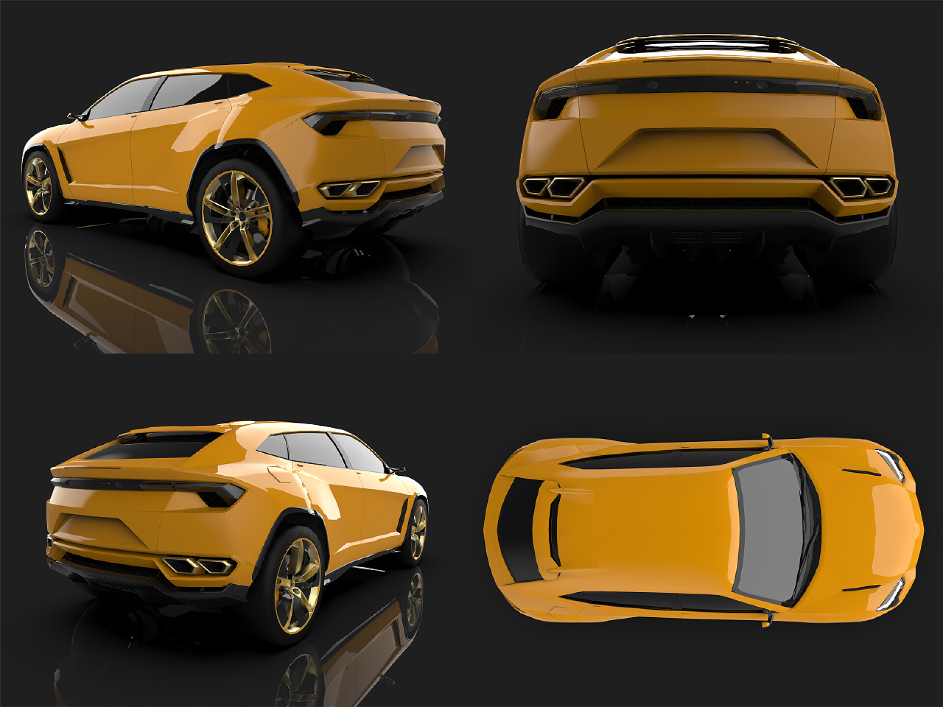 最新的运动全轮驱动汽车最新的运动全轮驱动黄色溢价交叉在一个黑色工作室与反射地板。3d 渲染.