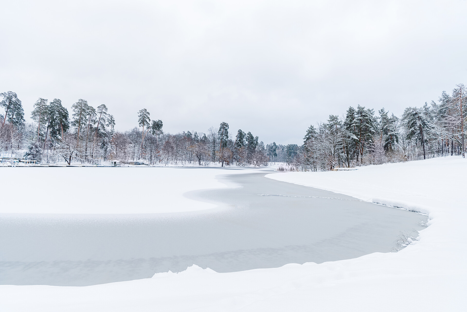 远景拍摄冬季公园冰雪覆盖的树木湖泊景观冬季公园冰雪覆盖的树木与冰冻湖泊景观