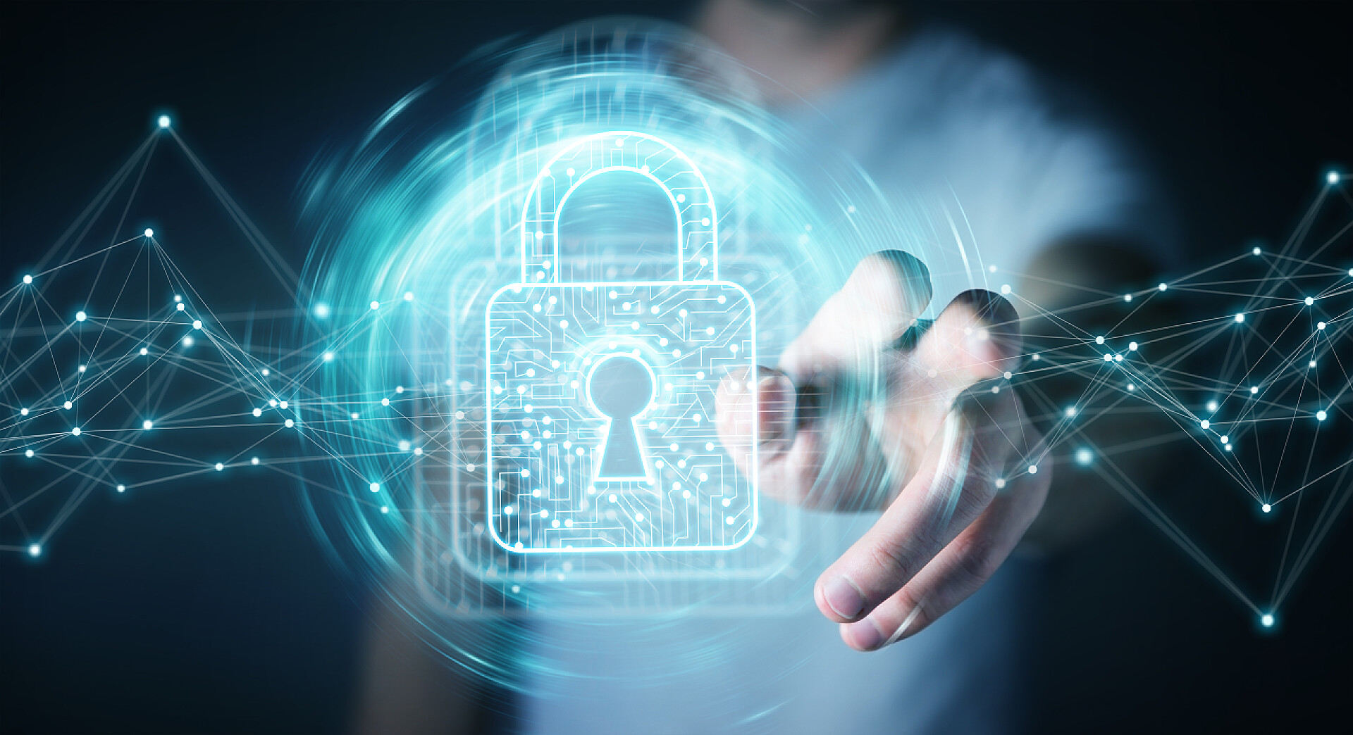 5G锁头背后的商人商人使用数字挂锁与数据保护3d 渲染