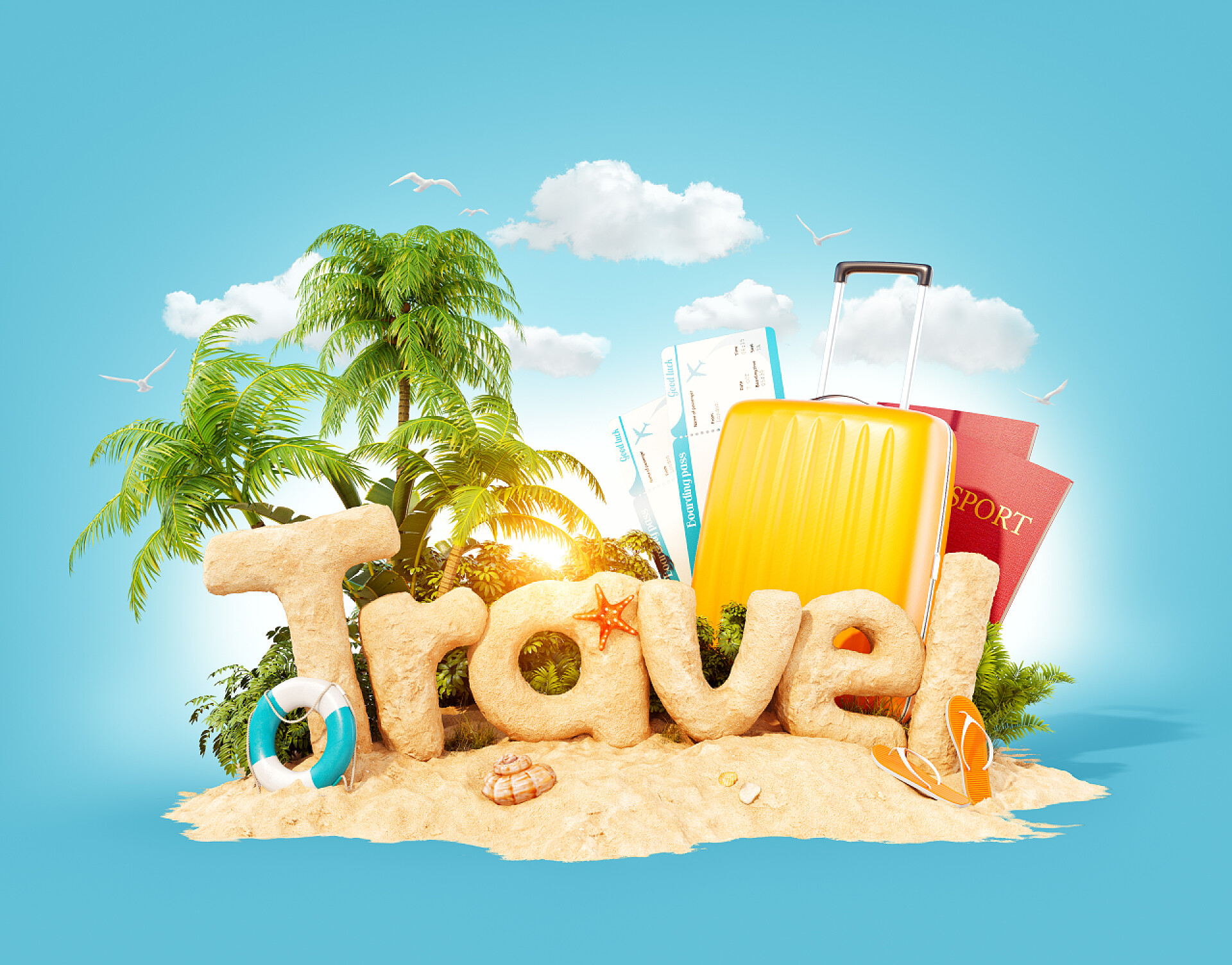 在热带岛屿上的椰子树沙滩和旅游用品渲染图在热带岛屿上用沙子做的这个词。不寻常的3d 的暑假例证。旅行和度假概念.