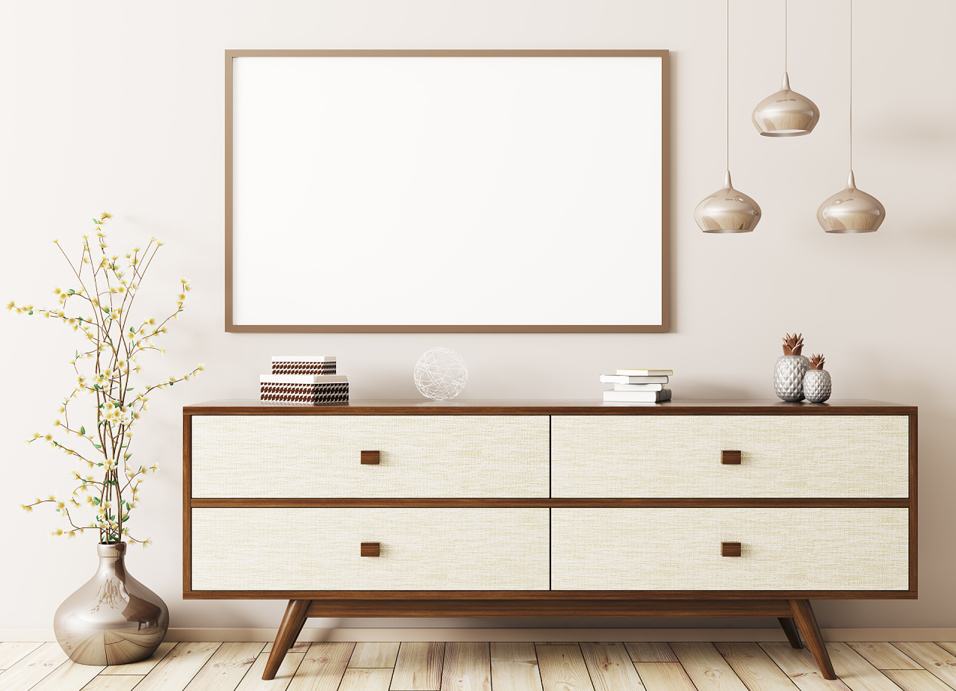 现代室内的客厅设计内饰与木制梳妆台和海报3d 渲染