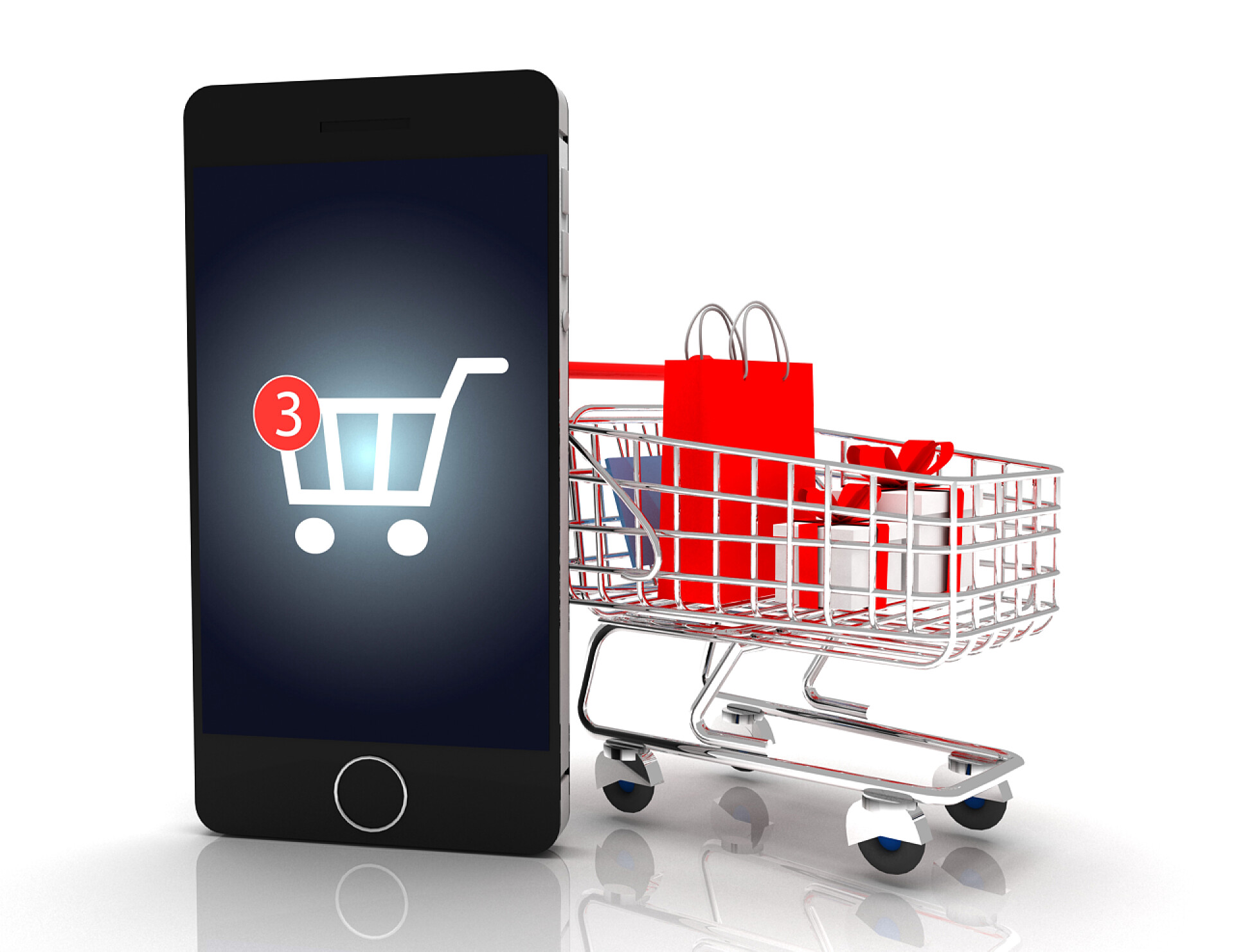 智能手机与购物车移动购物。智能手机与购物车。3d 渲染图案