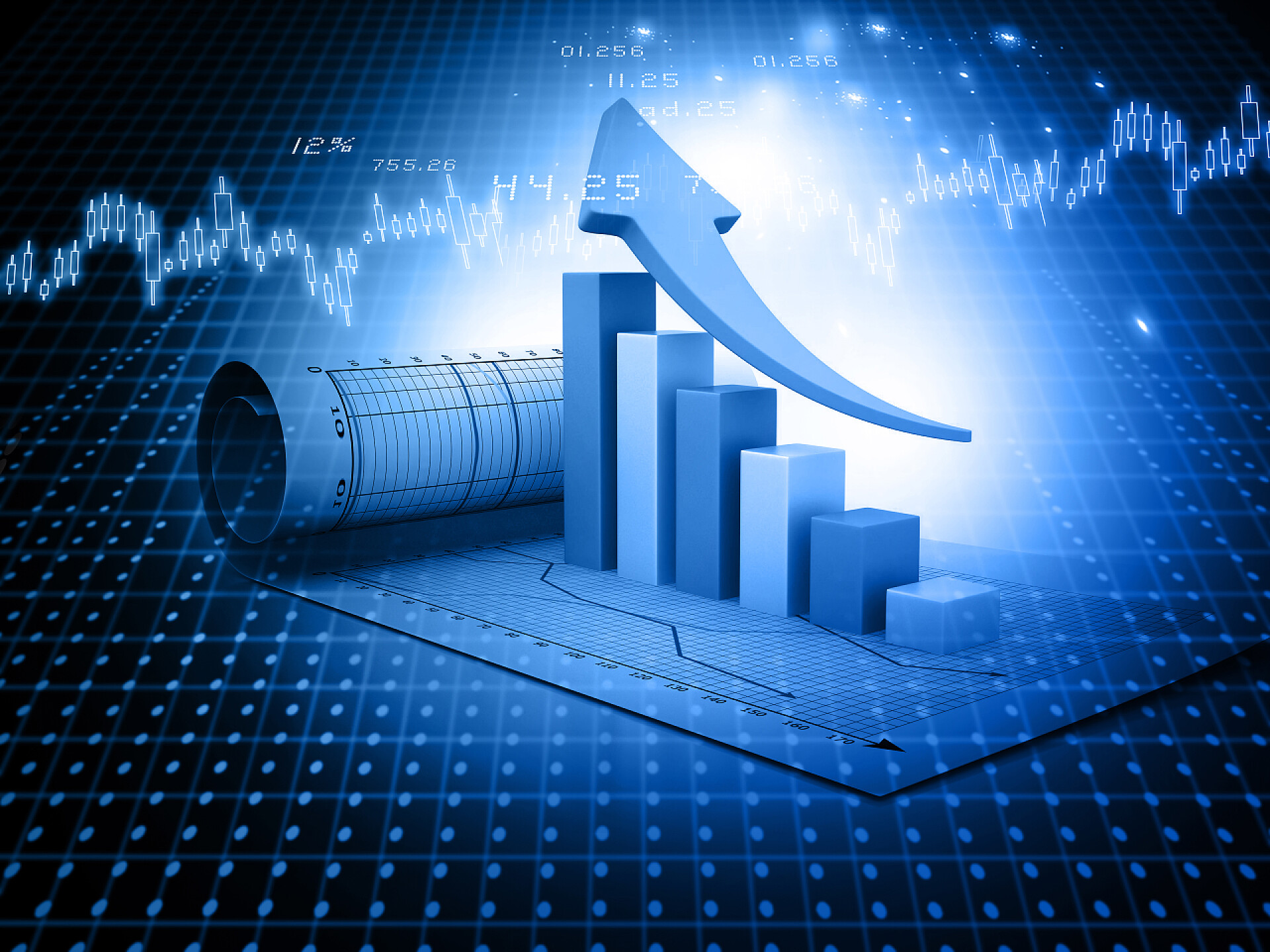 上升箭头下的长方体业务图。3d 图