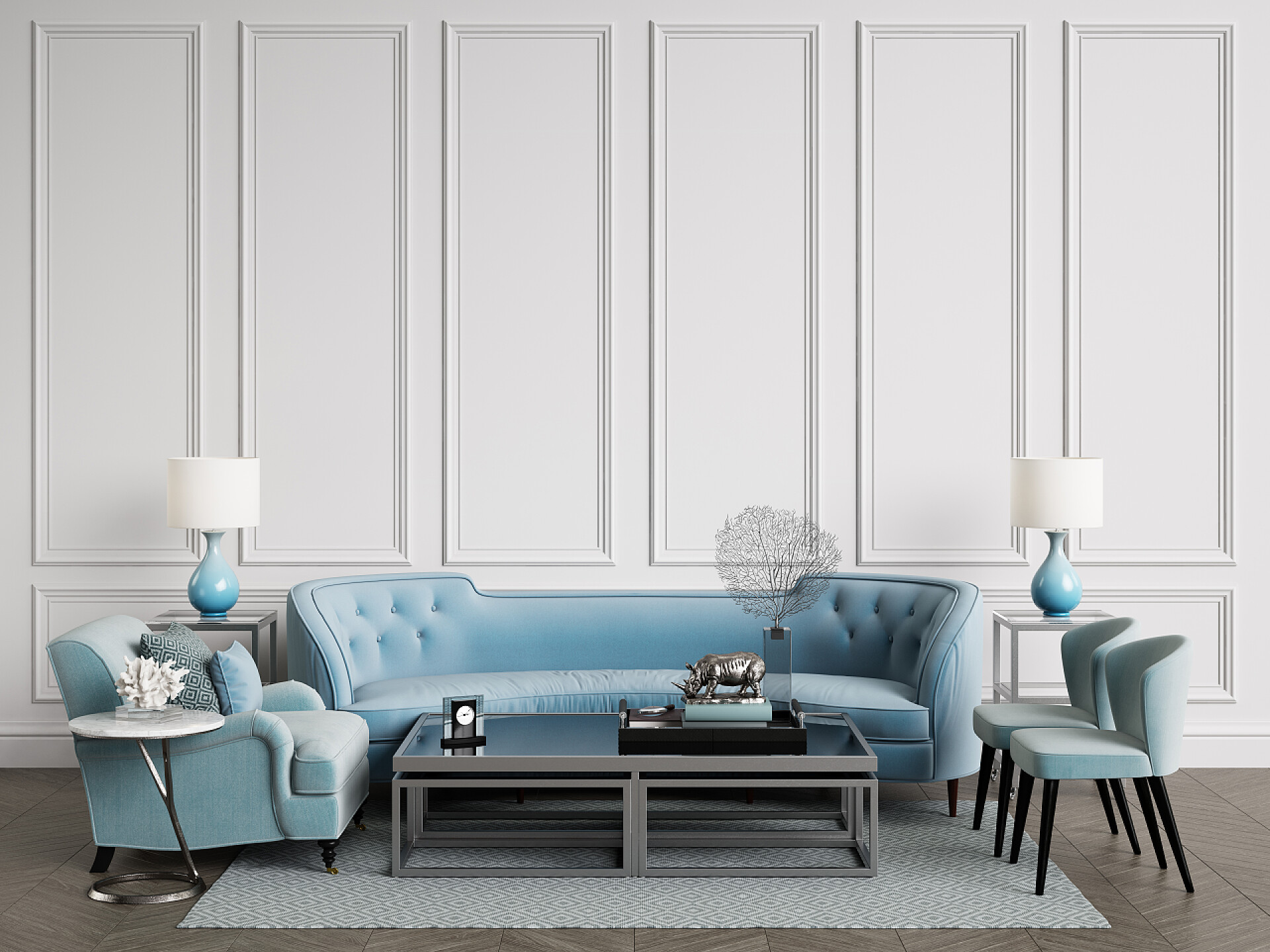 简约大方的房间经典的内饰。沙发, 椅子, sidetables 与灯具, 桌子与装饰。白色墙壁与装饰。地板实木复合木字形, 地毯与图案。样机, 复制空间。数字 ilustration 3 d 渲染 