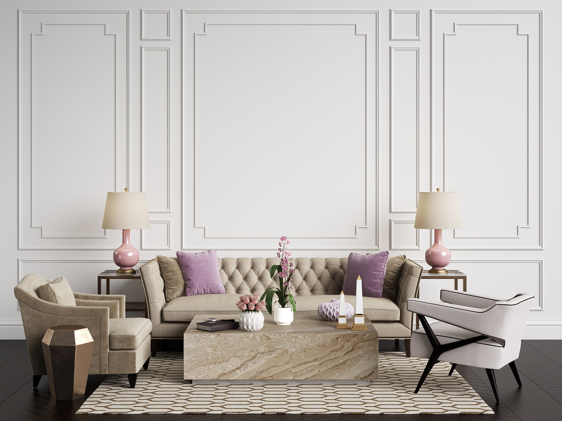 米色墙壁布置柔和大方经典的内饰。沙发, 椅子, sidetables 与灯具, 桌子与装饰。白色墙壁与装饰。地板实木复合木字形, 地毯与图案。样机, 复制空间。数字 ilustration 3 d 渲染 