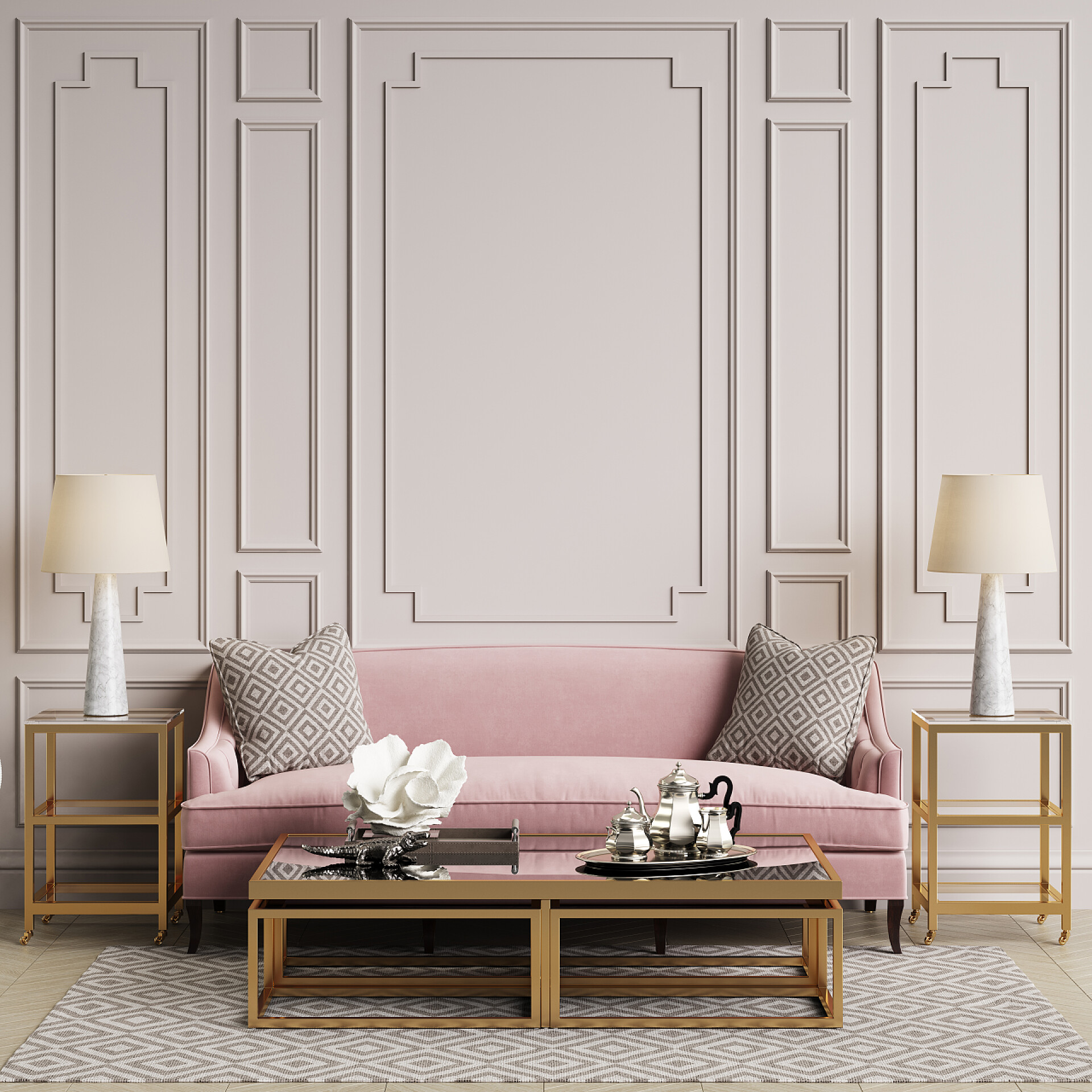 优雅的房间装饰经典的内饰在柔和的颜色。沙发, 椅子, sidetables 与灯具, 桌子与装饰。白色墙壁与装饰。地板实木复合木字形, 地毯与图案。样机, 复制空间。数字 ilustration 3 d 渲染 