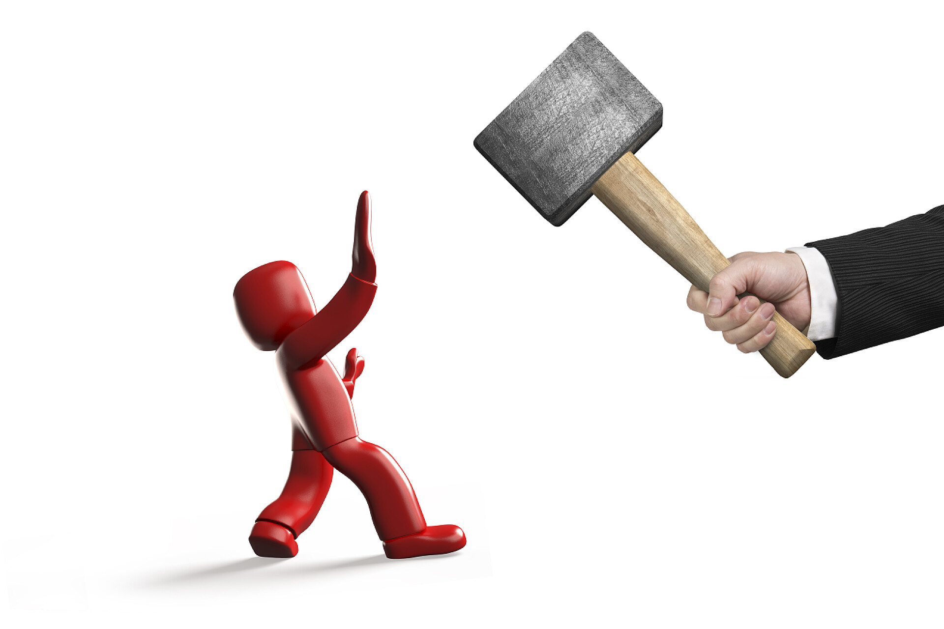 在白色背景上后退害怕的小红人手捧锤 attackg 3d 害怕的人后退了一步