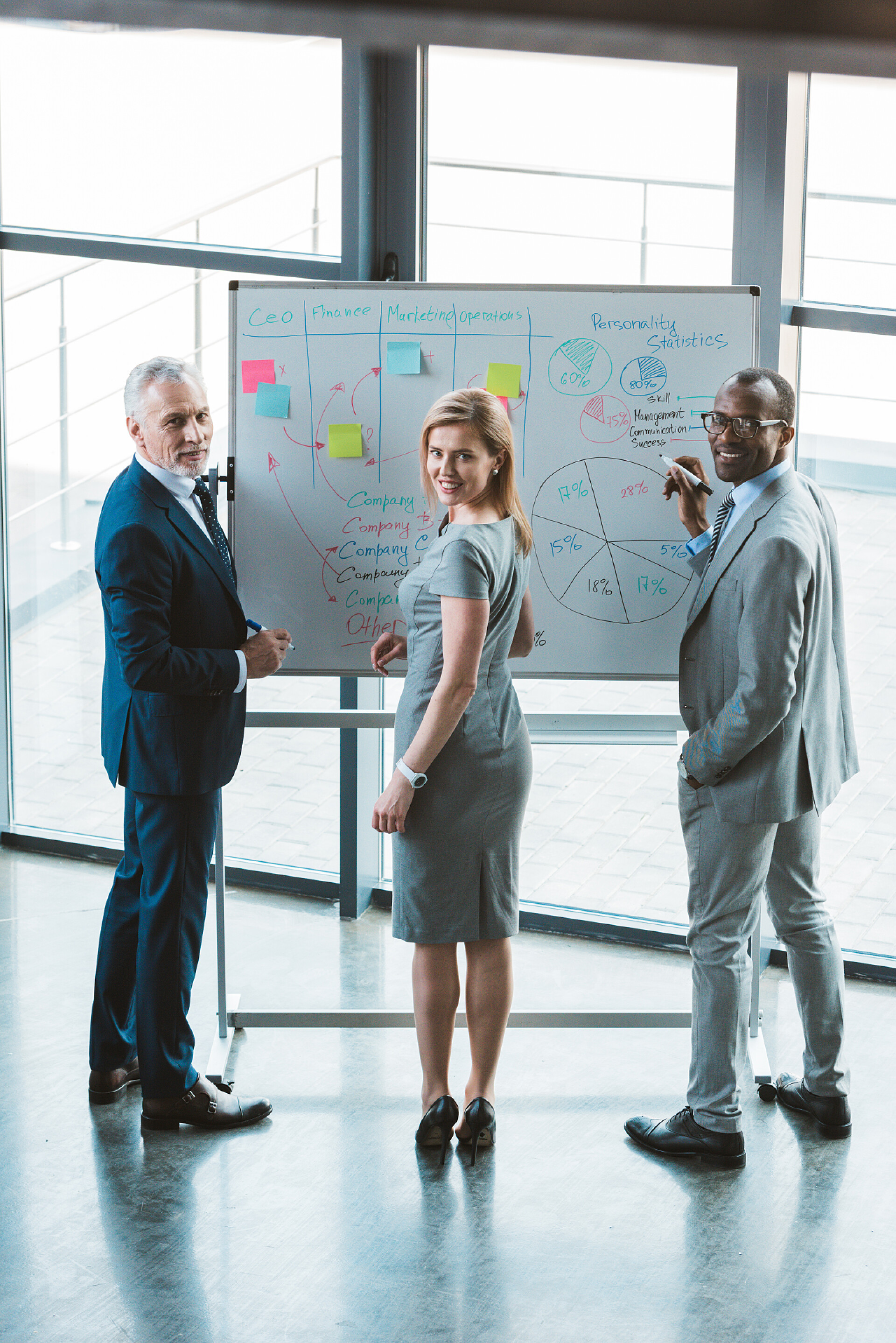 多名商务人士在使用图形微笑着拍照多民族商务人士在使用图形和图表的白板上工作时微笑着拍照 