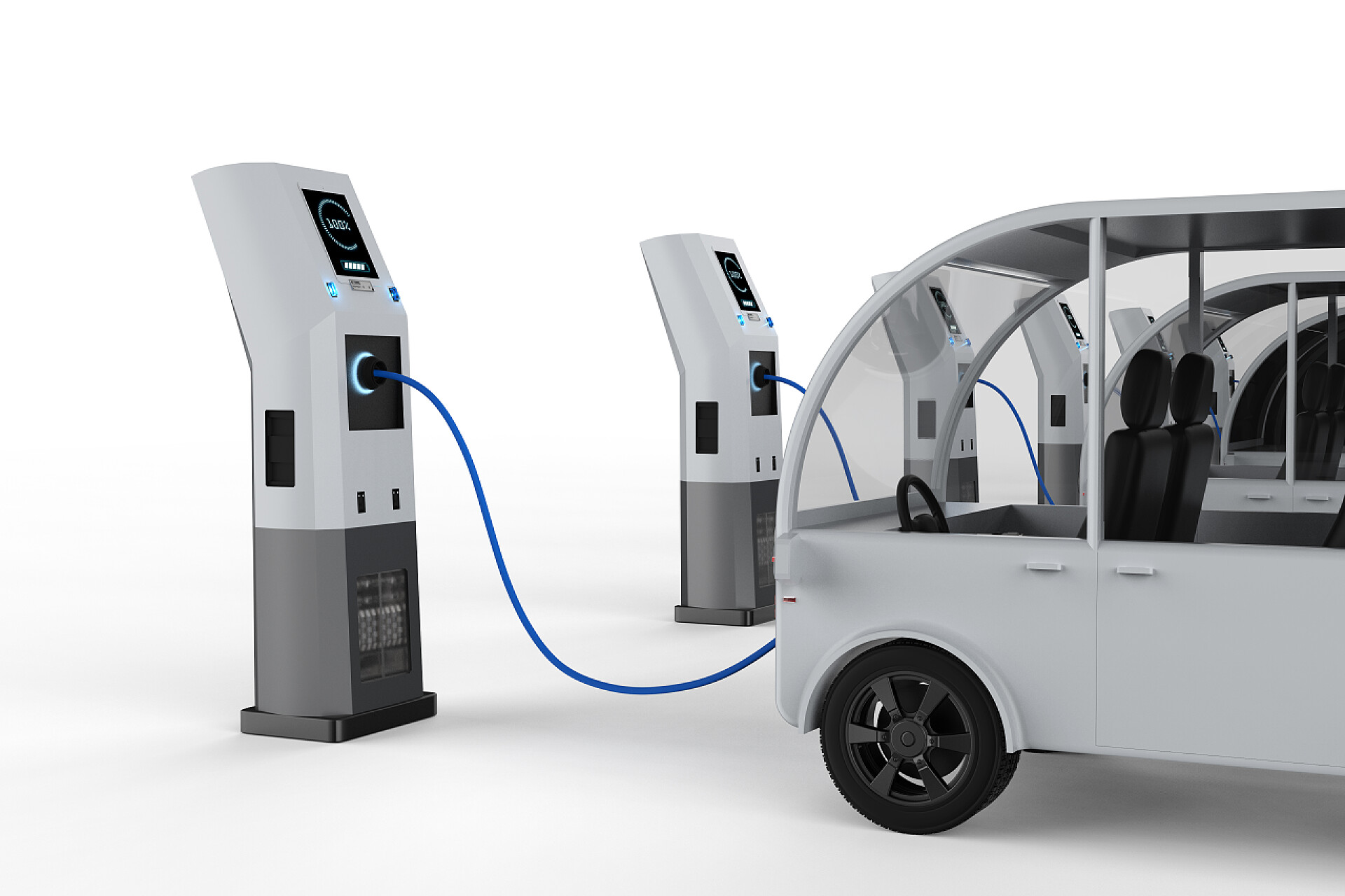 现代电车充电桩3D渲染3d. 用电充电站绘制穿梭巴士费用