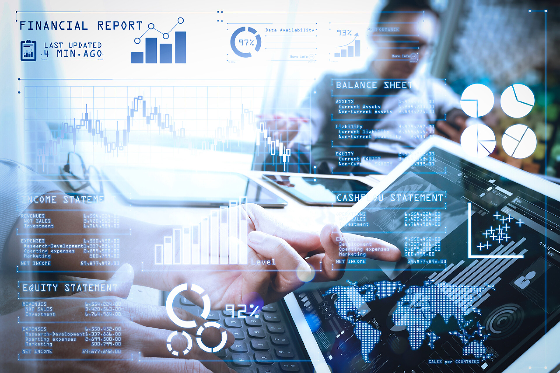 年终总结背景为商人的股市数据图投资者分析股票市场报告和财务仪表板与商业智能 (Bi), 与关键绩效指标 (Kpi)。商务团队会议出席。照片专业投资者与新启动项目合作. 