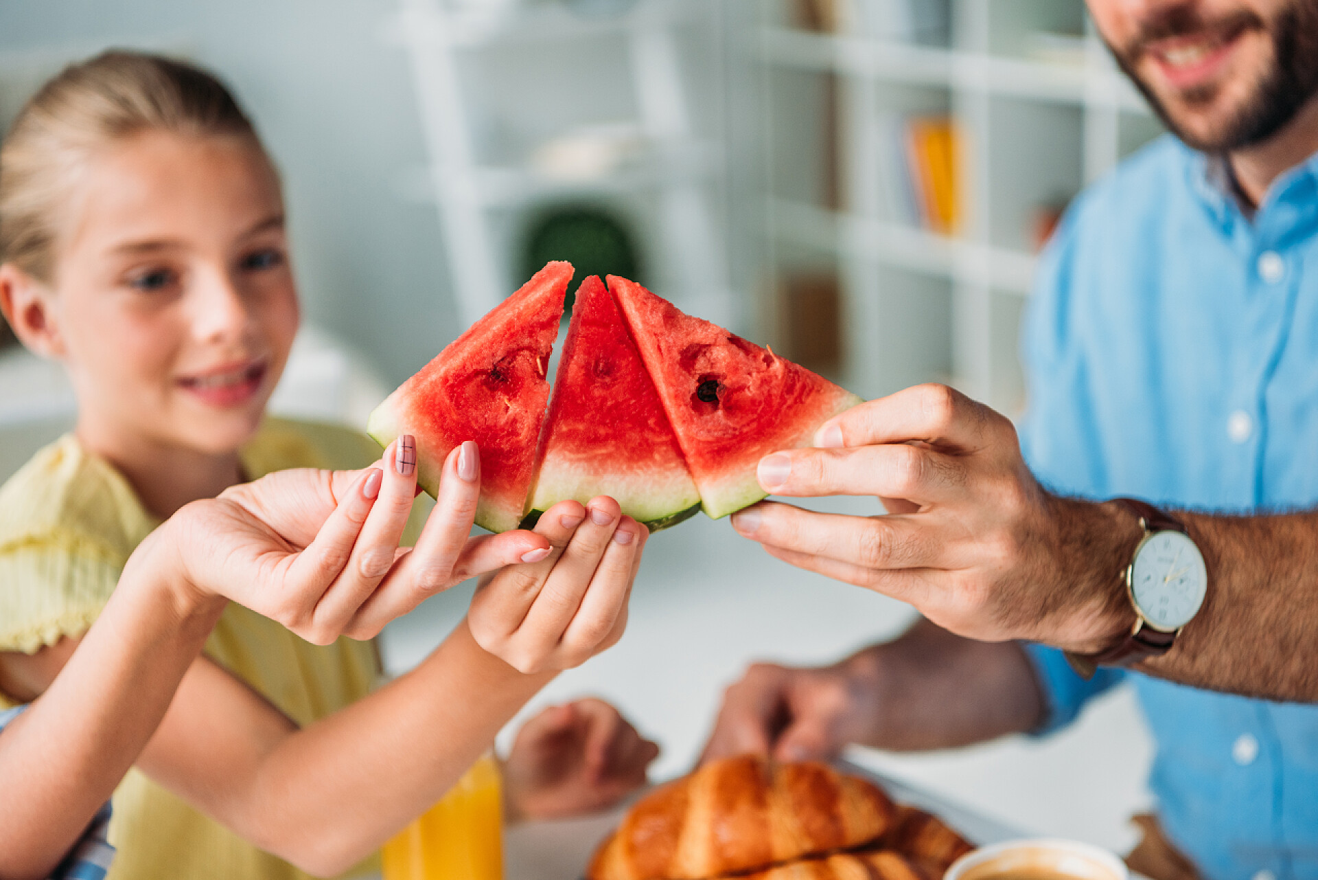 合在一起的三块西瓜一张家庭无比的西瓜片
